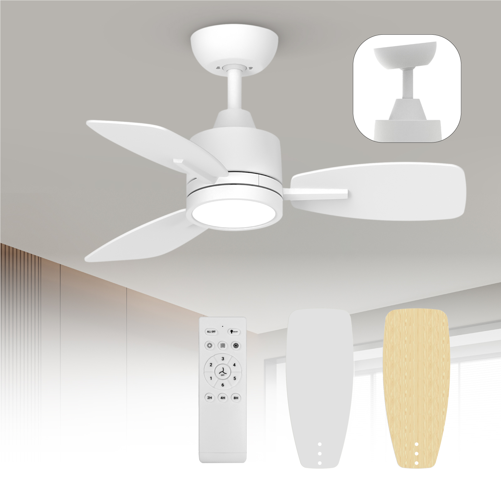 32 Inch Remote Control Ceiling Fan with LED Light, White/Oak Finish Blades