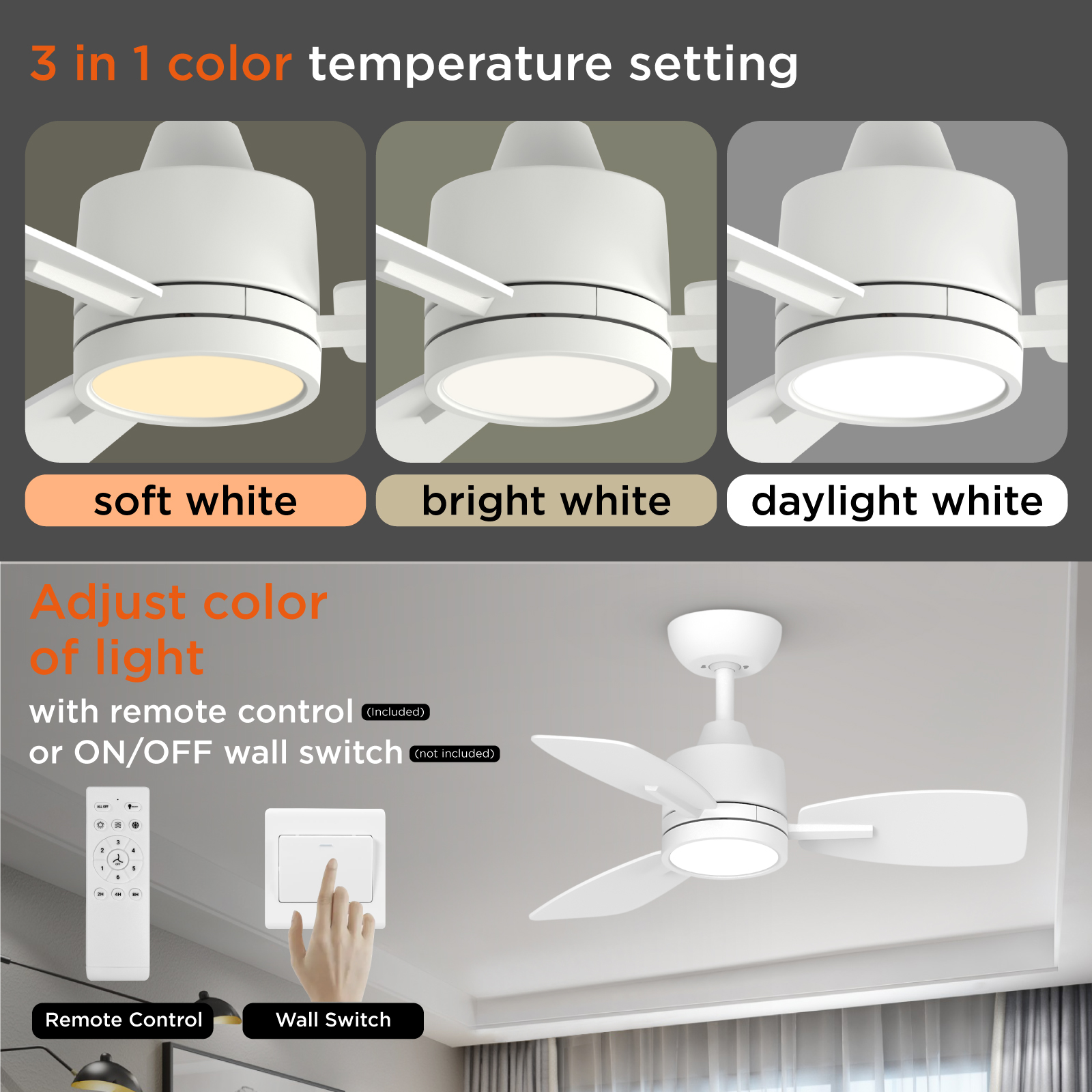 32 Inch Remote Control Ceiling Fan with LED Light, White/Oak Finish Blades
