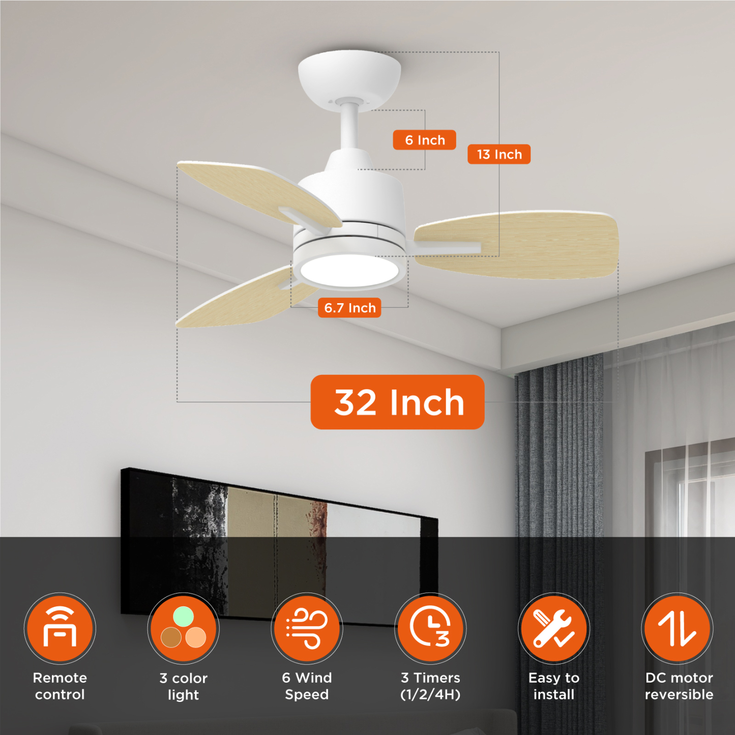 32 Inch Remote Control Ceiling Fan with LED Light, White/Oak Finish Blades