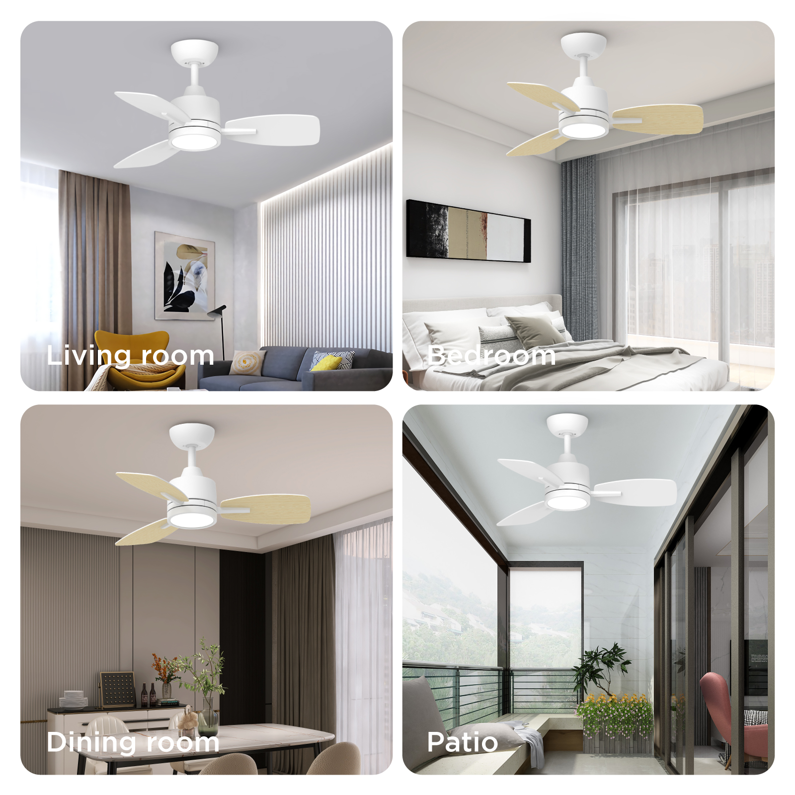 32 Inch Remote Control Ceiling Fan with LED Light, White/Oak Finish Blades