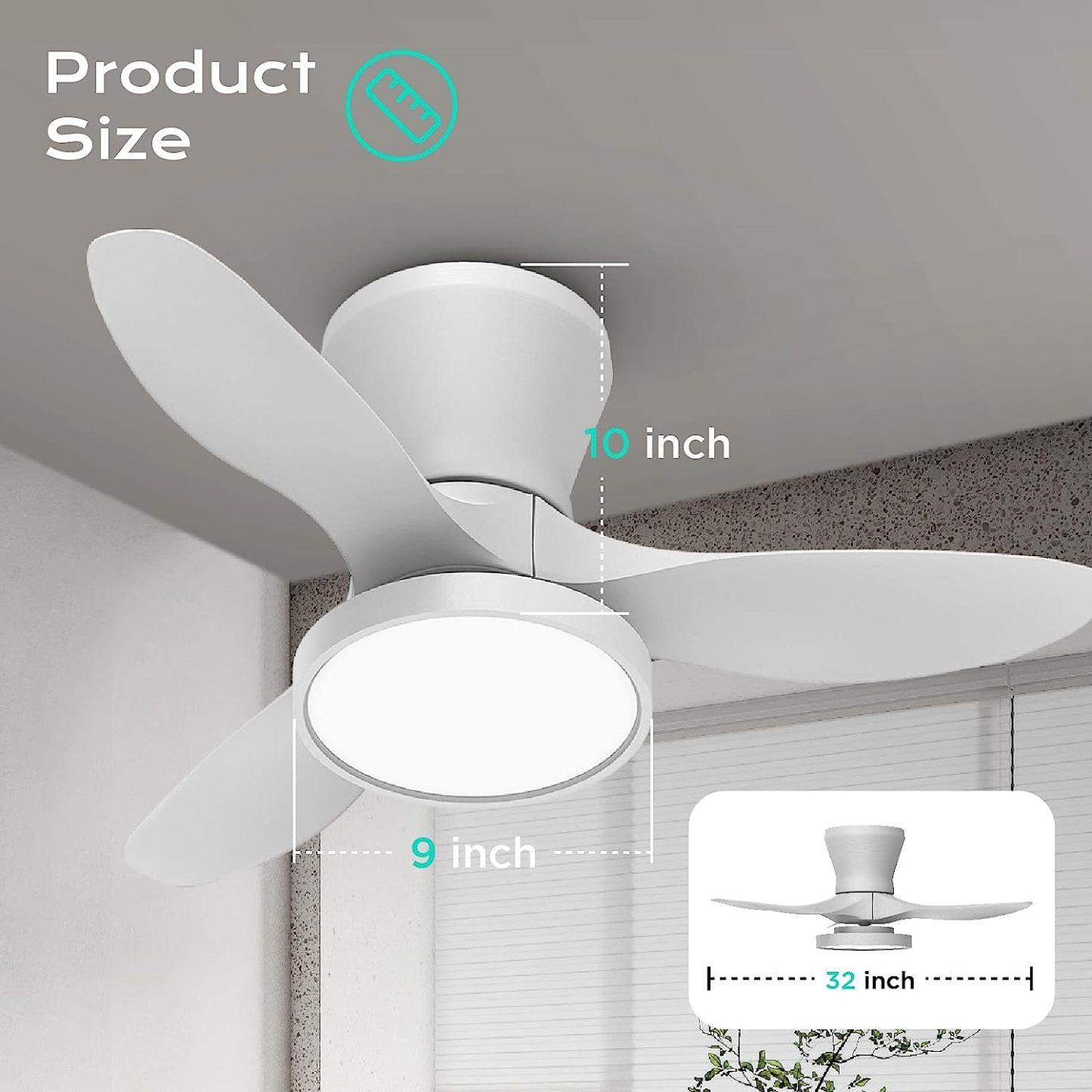 Quiet Ceiling Fan with LED Light DC Motor 32 inch Large Air Volume Remote Control White