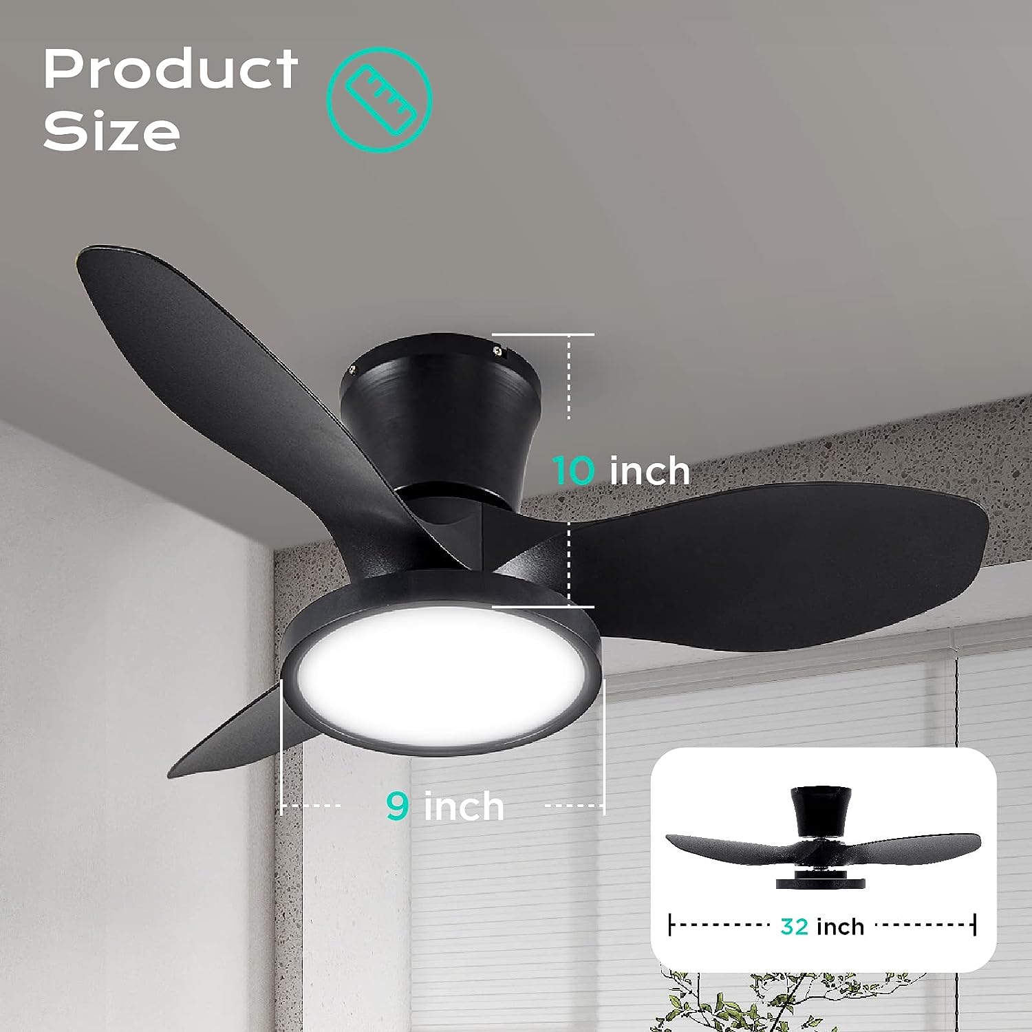  Quiet Ceiling Fan with LED Light DC Motor 32 inch Large Air Volume Remote Control Black