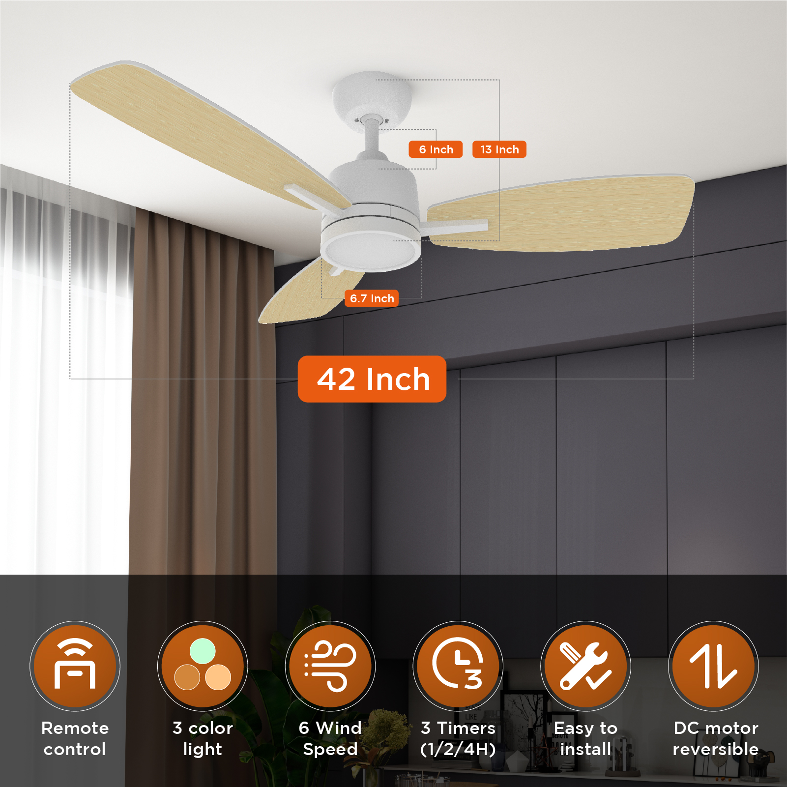 42 Inch Remote Control Ceiling Fan with LED Light