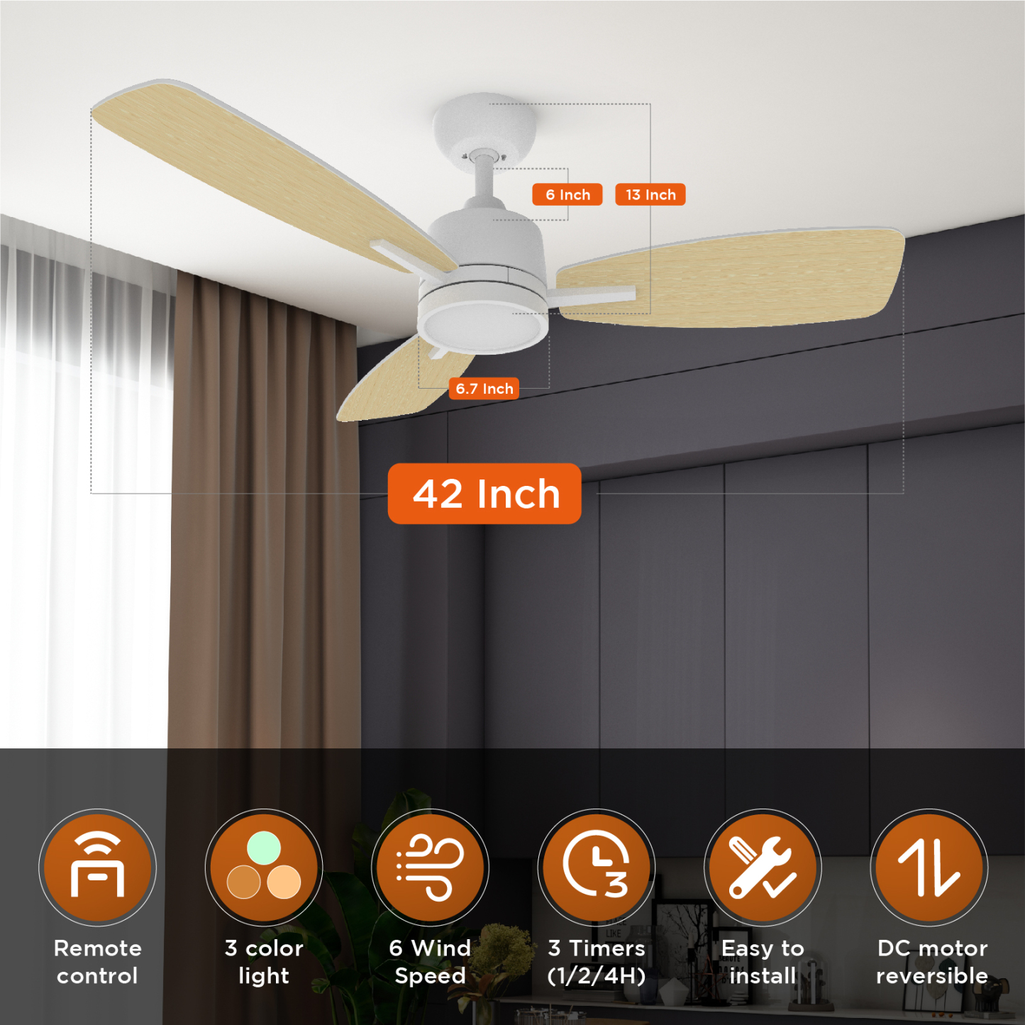 42 Inch Remote Control Ceiling Fan with LED Light