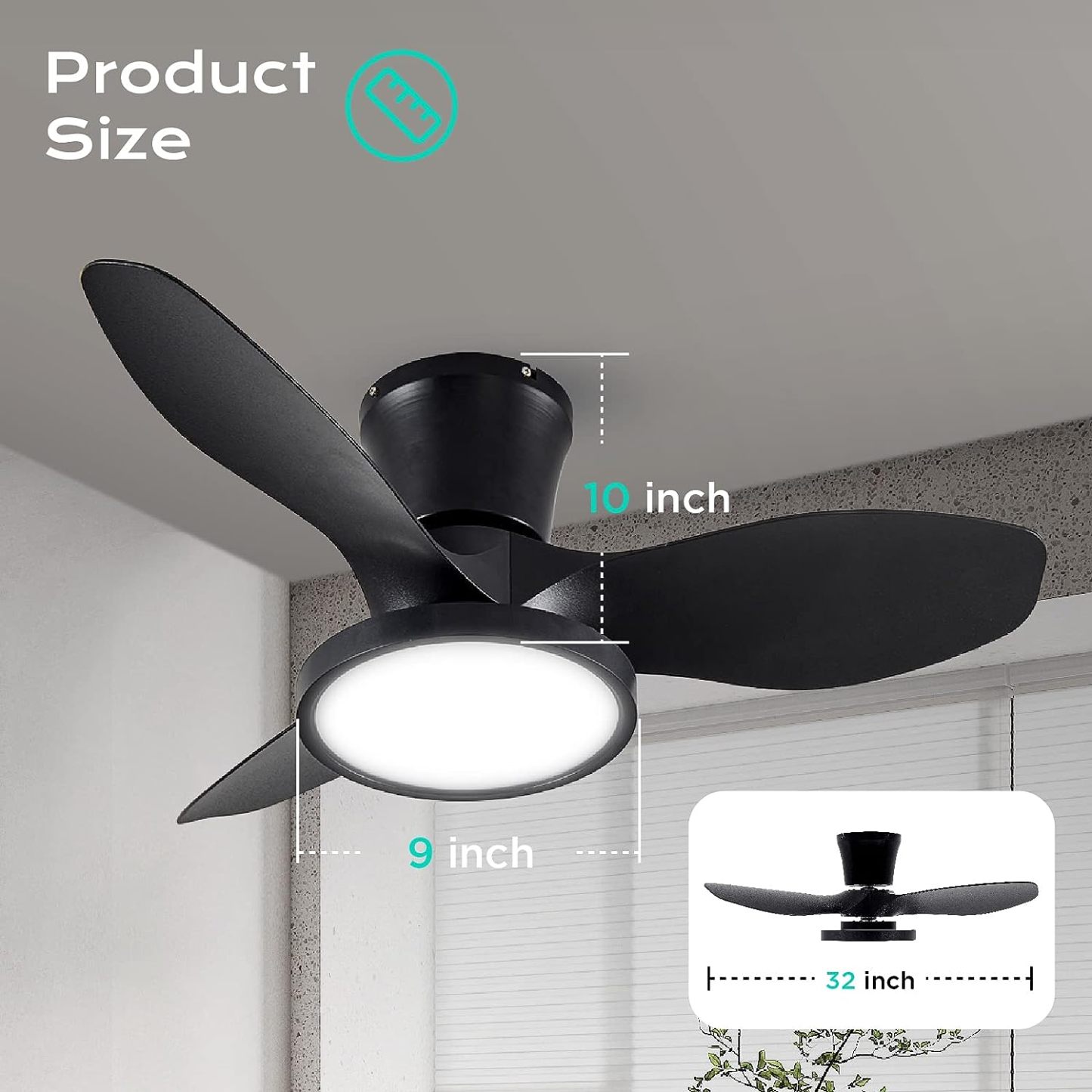  Quiet Ceiling Fan with LED Light DC Motor 32 inch Large Air Volume Remote Control Black