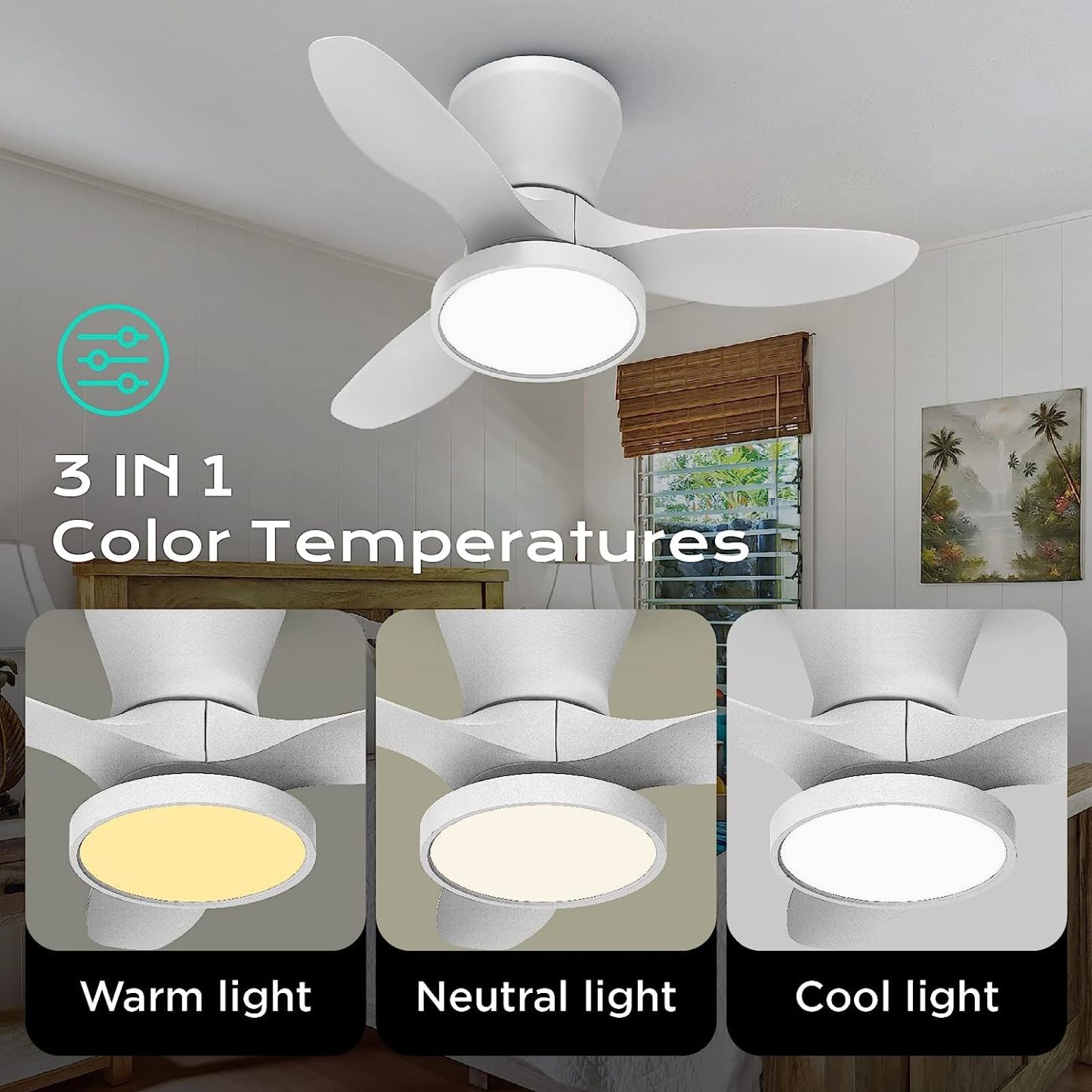 Quiet Ceiling Fan with LED Light DC Motor 32 inch Large Air Volume Remote Control White