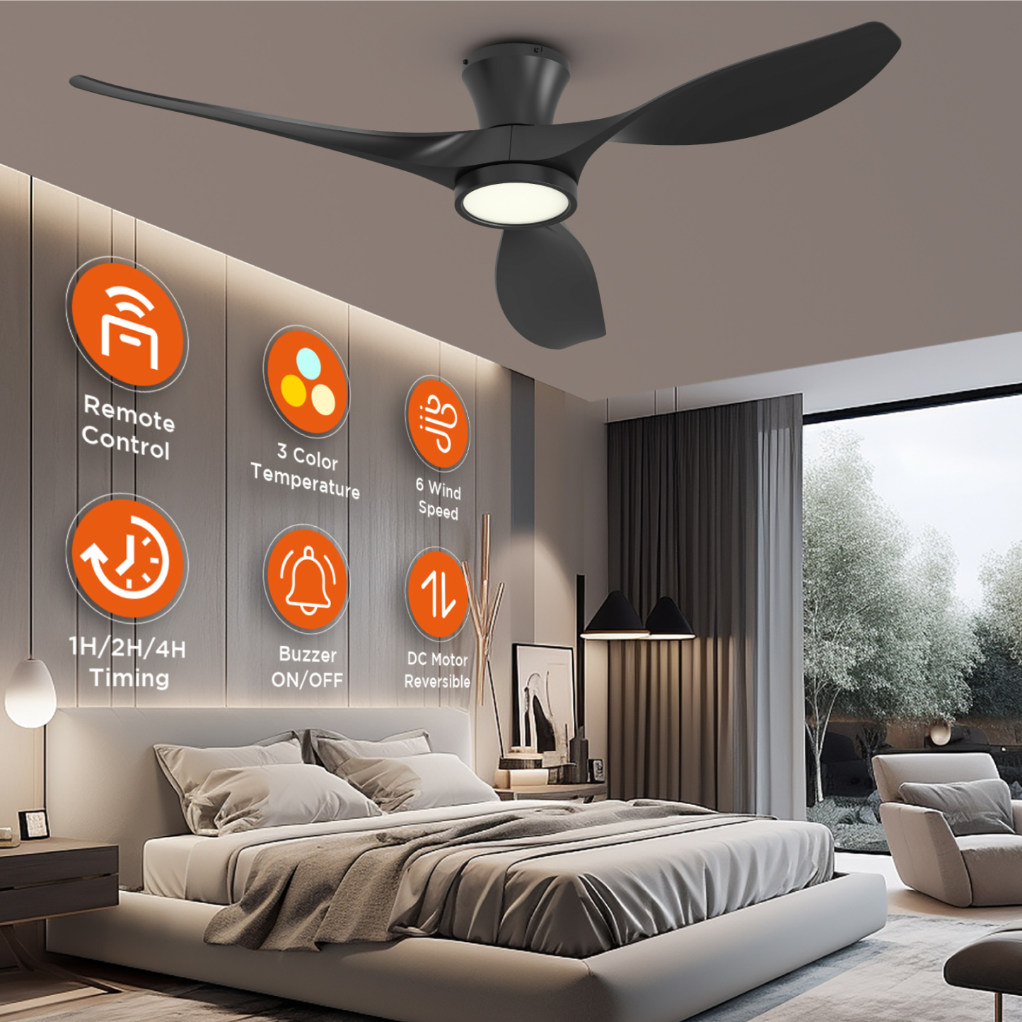 TALOYA 52 Inch Ceiling Fan with Led Light Remote Control Flush Mount Low Profile for Bedroom Farmhouse Patio Outdoor Living Room Kitchen Dining Room,DC Motor,Reversible,Black