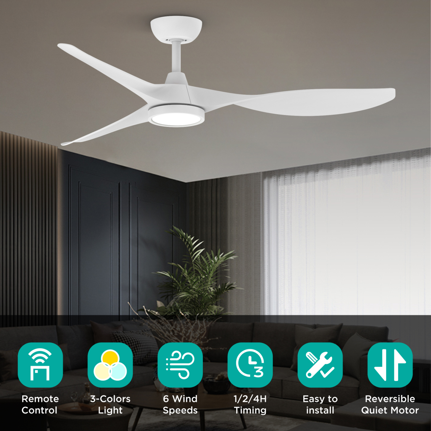 Ceiling Fans with Lights,Large Airflow 52inch Modern Ceiling Fan with Quite Reversible DC Motor 3 Color Temperature LED Light (White)