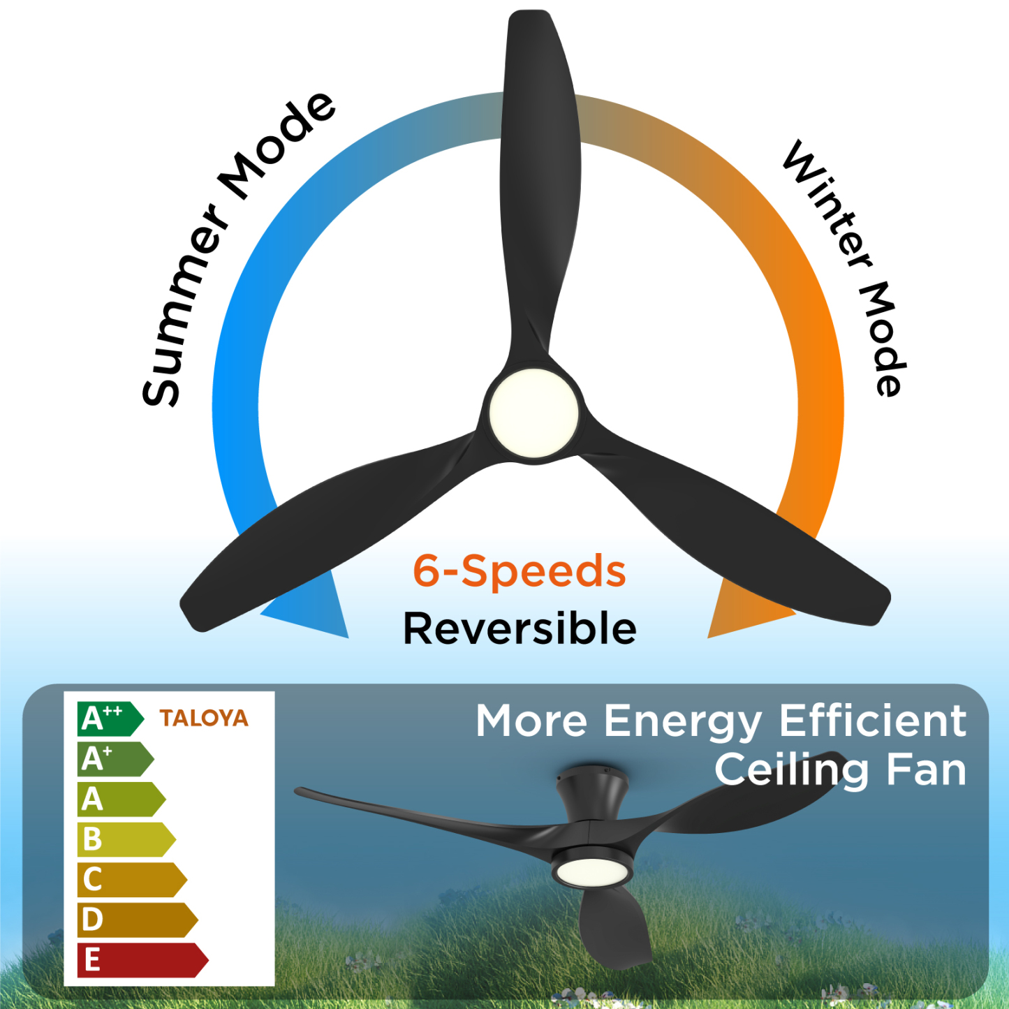 TALOYA 52 Inch Ceiling Fan with Led Light Remote Control Flush Mount Low Profile for Bedroom Farmhouse Patio Outdoor Living Room Kitchen Dining Room,DC Motor,Reversible,Black