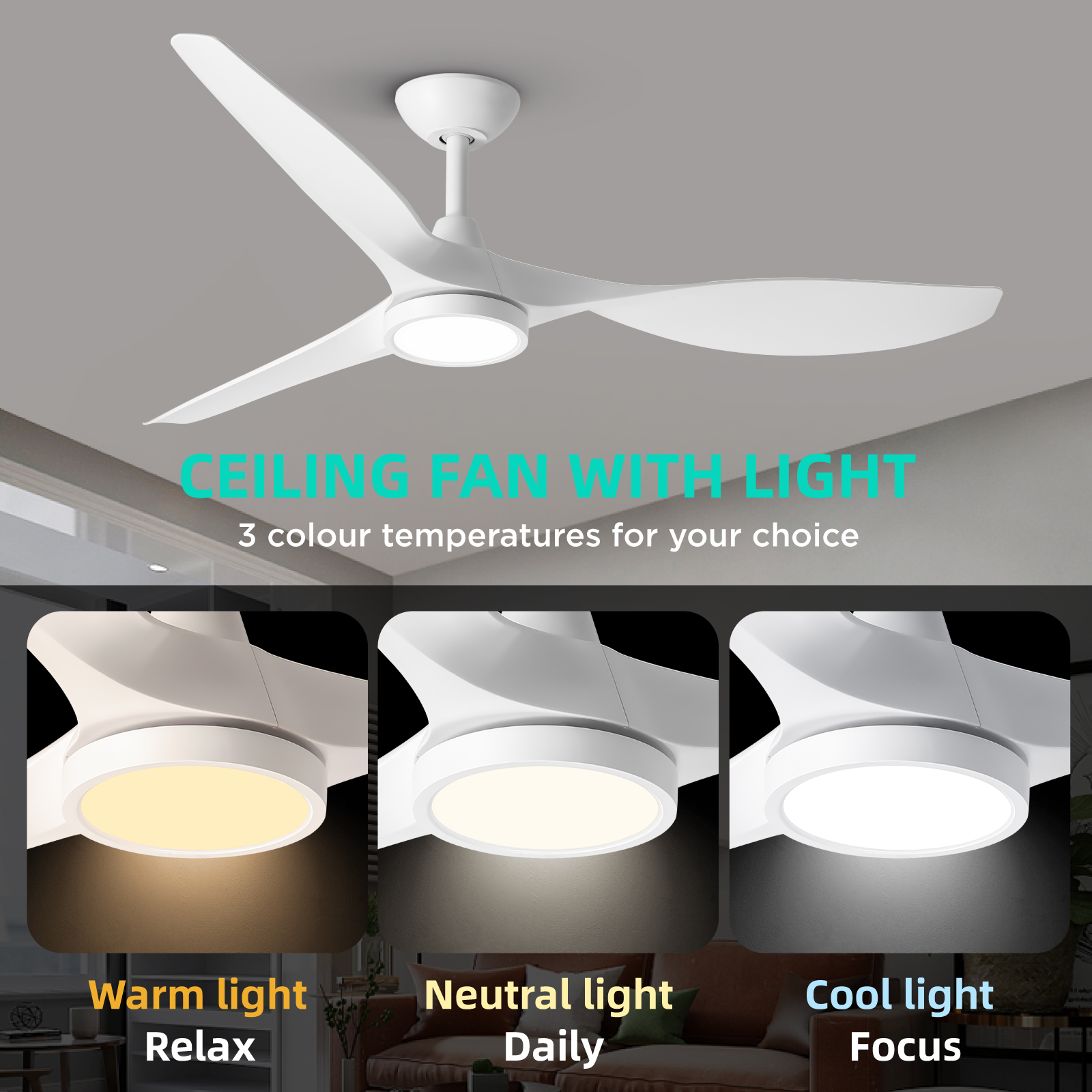 Ceiling Fans with Lights,Large Airflow 52inch Modern Ceiling Fan with Quite Reversible DC Motor 3 Color Temperature LED Light (White)