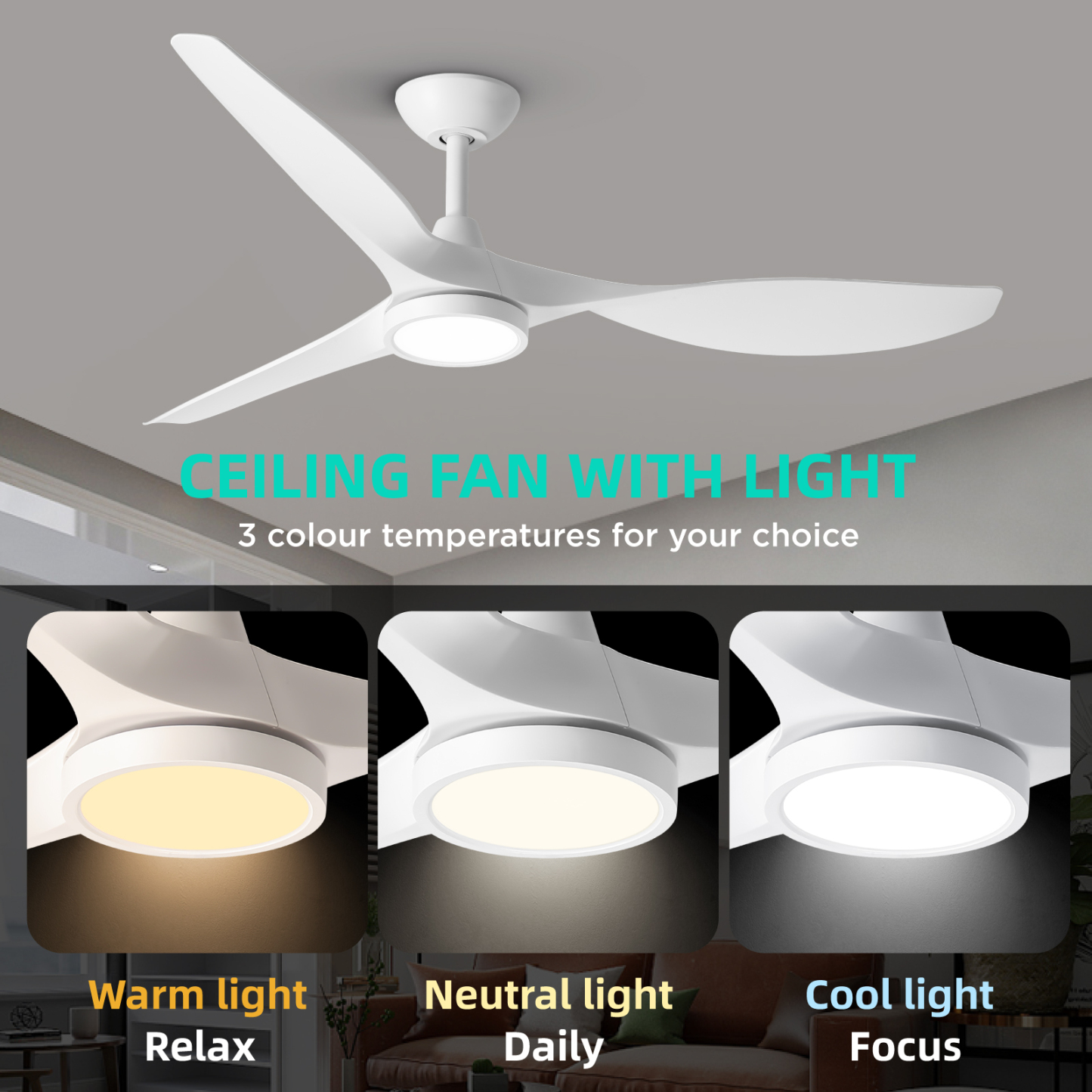 Ceiling Fans with Lights,Large Airflow 52inch Modern Ceiling Fan with Quite Reversible DC Motor 3 Color Temperature LED Light (White)
