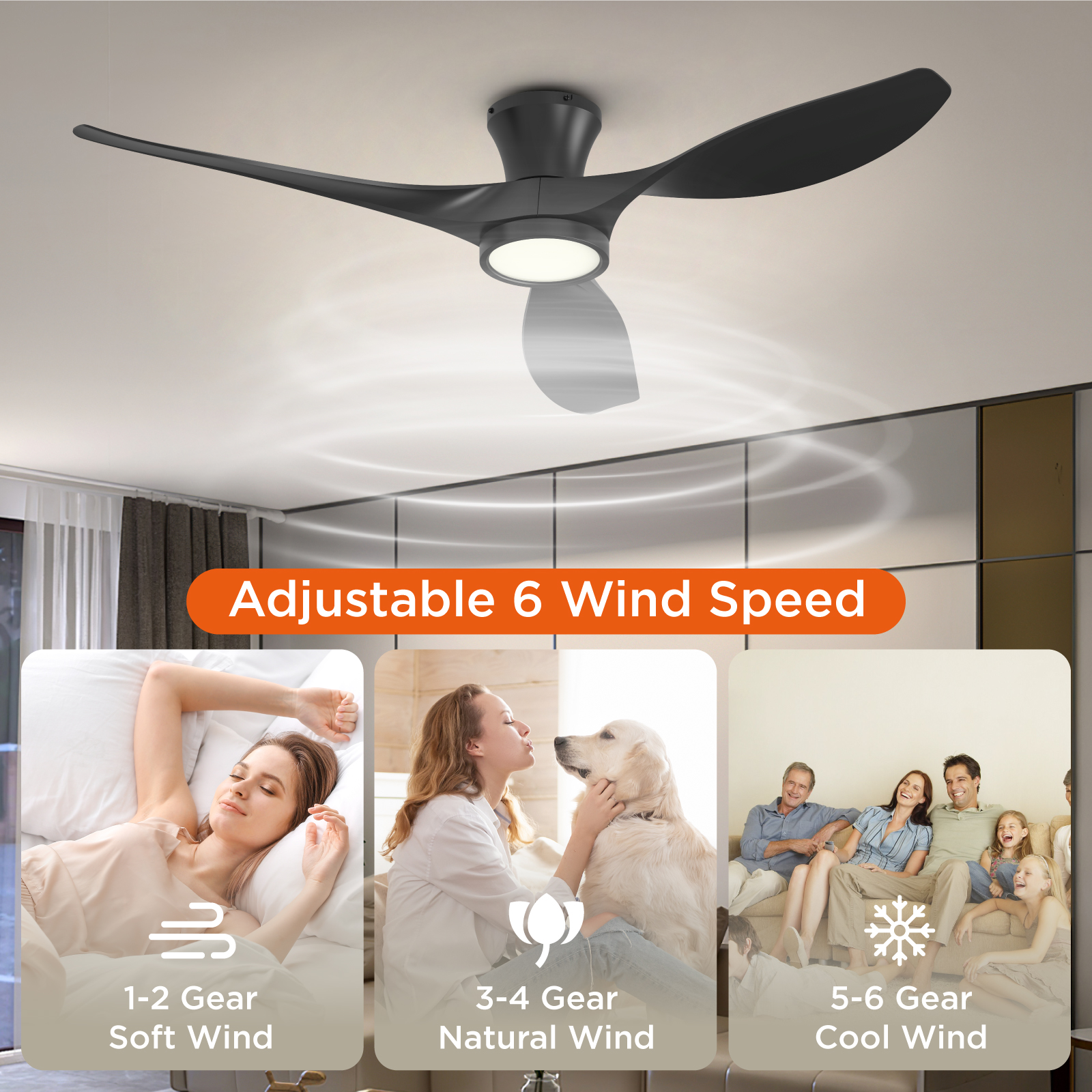 TALOYA 52 Inch Ceiling Fan with Led Light Remote Control Flush Mount Low Profile for Bedroom Farmhouse Patio Outdoor Living Room Kitchen Dining Room,DC Motor,Reversible,Black