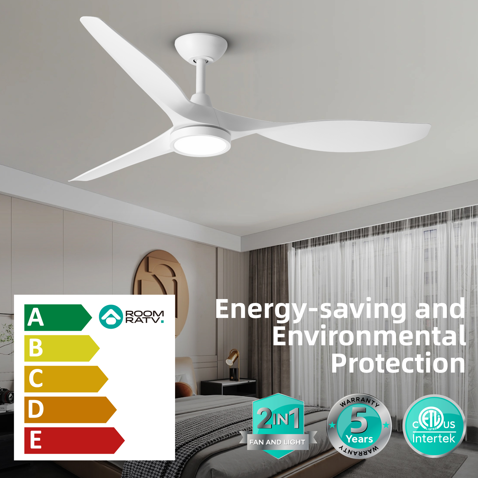 Ceiling Fans with Lights,Large Airflow 52inch Modern Ceiling Fan with Quite Reversible DC Motor 3 Color Temperature LED Light (White)