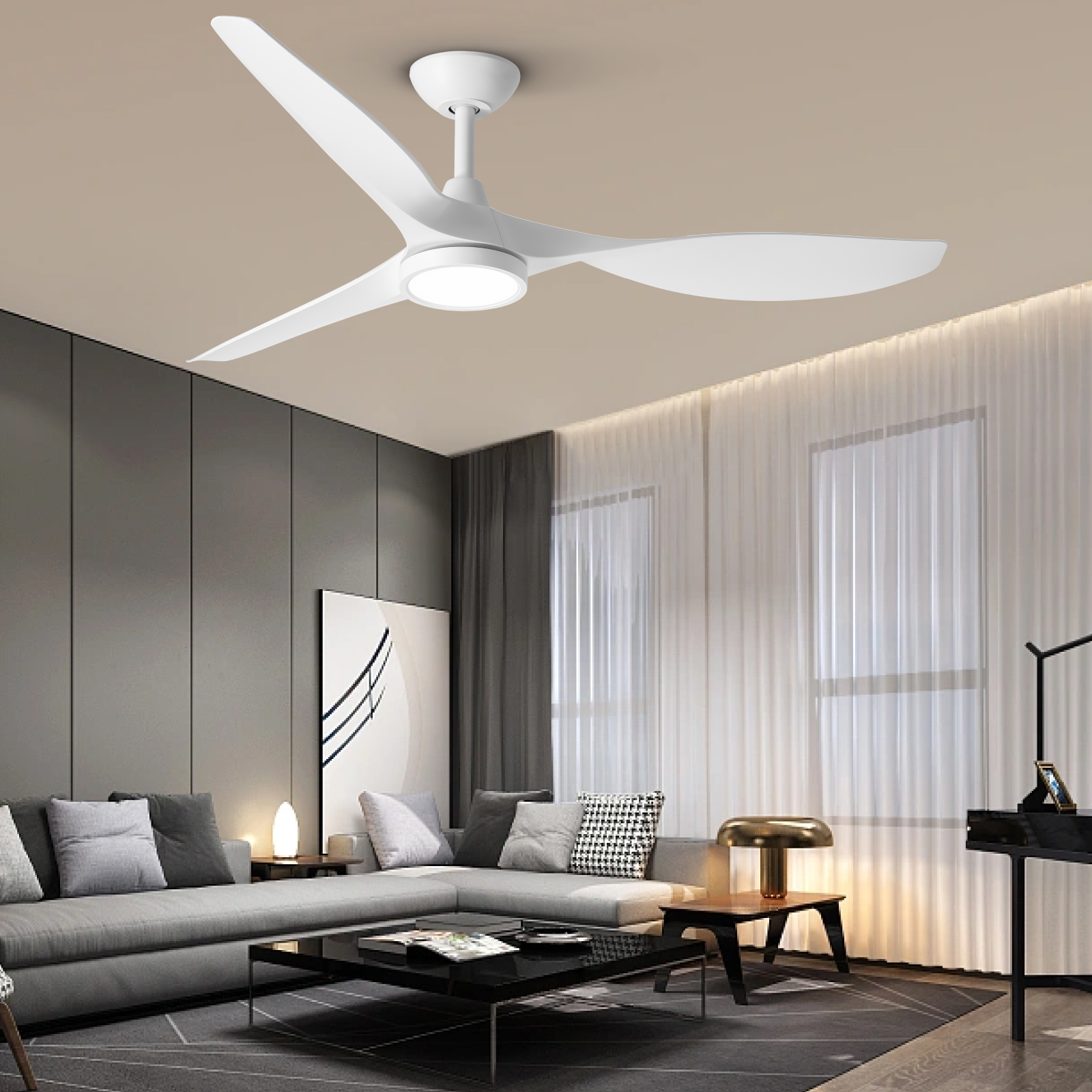 Ceiling Fans with Lights,Large Airflow 52inch Modern Ceiling Fan with Quite Reversible DC Motor 3 Color Temperature LED Light (White)