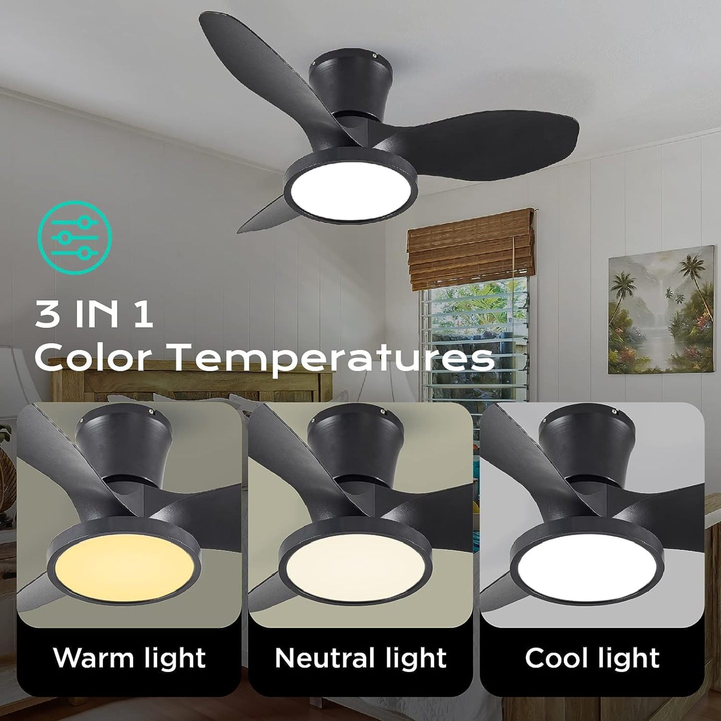  Quiet Ceiling Fan with LED Light DC Motor 32 inch Large Air Volume Remote Control Black