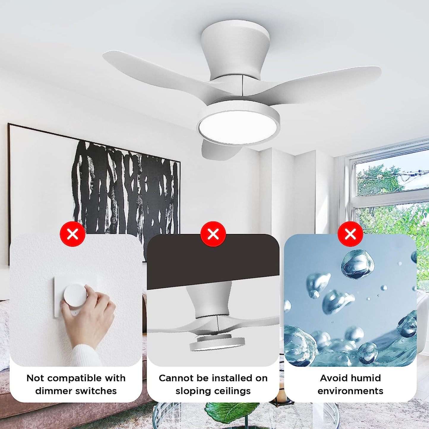 Quiet Ceiling Fan with LED Light DC Motor 32 inch Large Air Volume Remote Control White