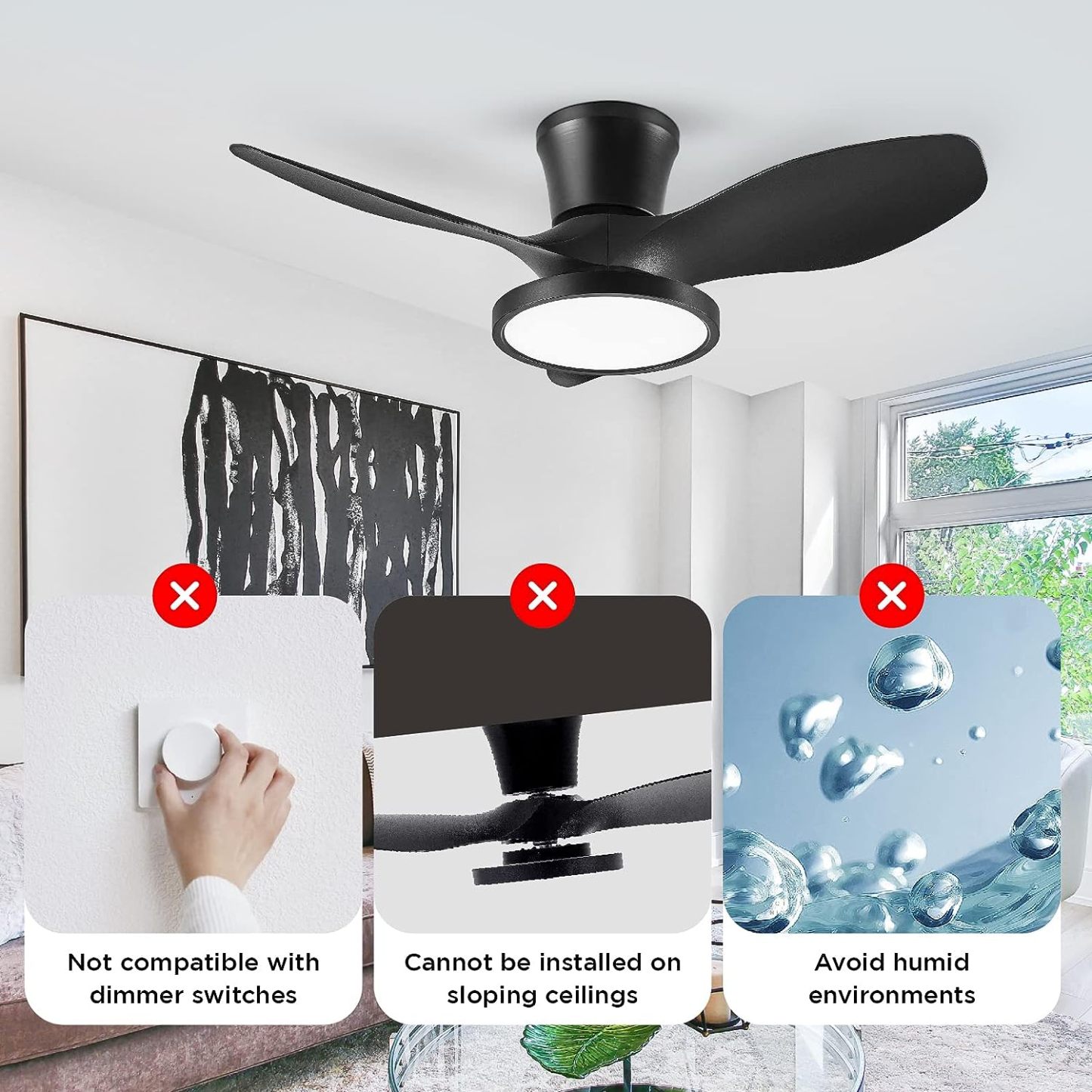  Quiet Ceiling Fan with LED Light DC Motor 32 inch Large Air Volume Remote Control Black