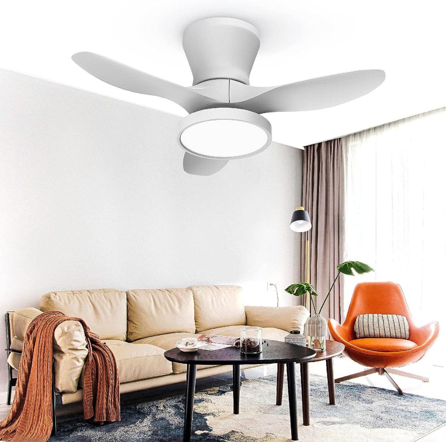 Quiet Ceiling Fan with LED Light DC Motor 32 inch Large Air Volume Remote Control White
