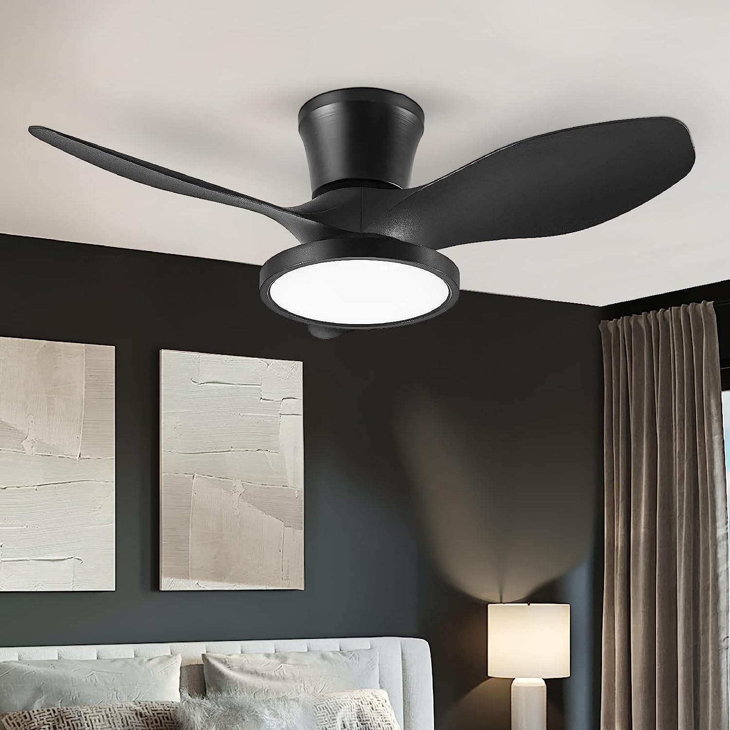  Quiet Ceiling Fan with LED Light DC Motor 32 inch Large Air Volume Remote Control Black