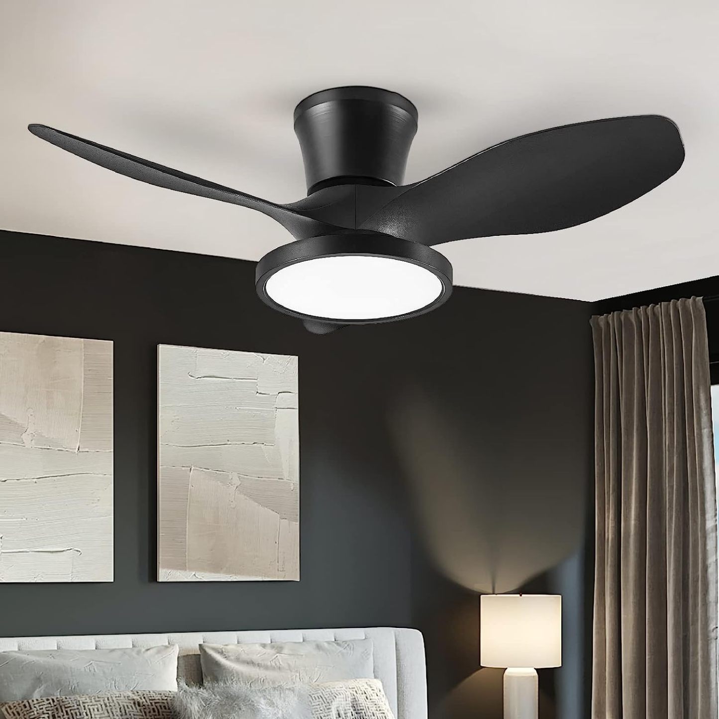  Quiet Ceiling Fan with LED Light DC Motor 32 inch Large Air Volume Remote Control Black