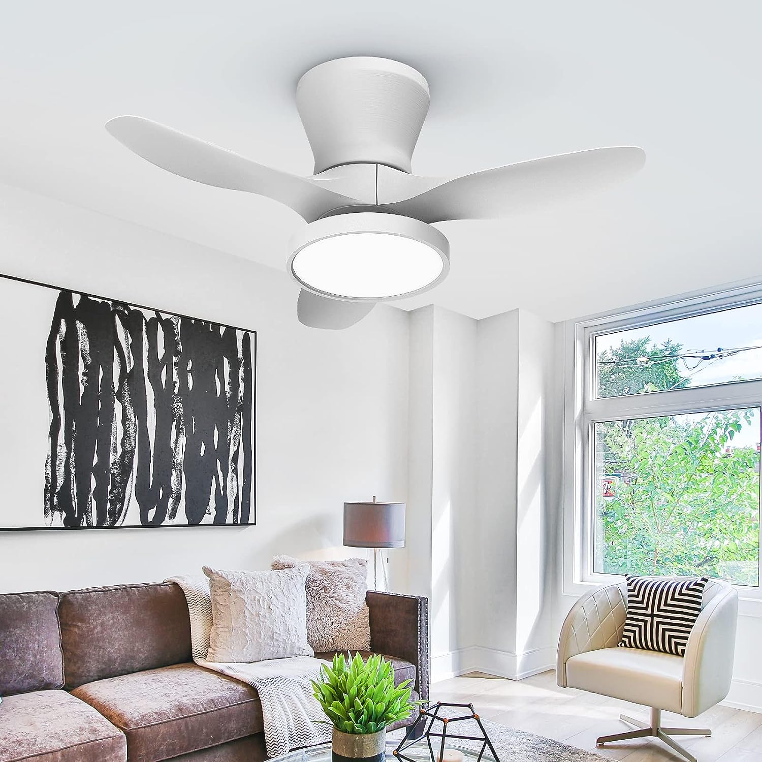 Quiet Ceiling Fan with LED Light DC Motor 32 inch Large Air Volume Remote Control White