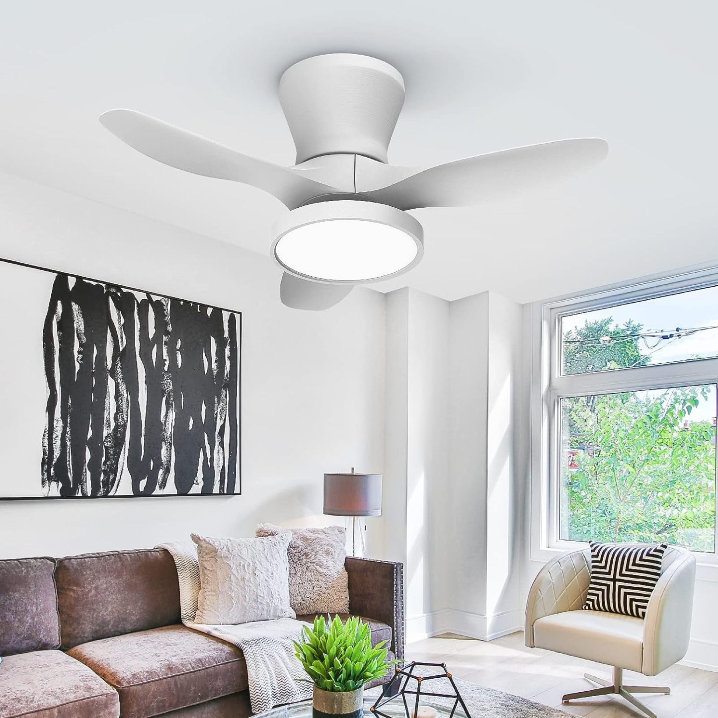 Quiet Ceiling Fan with LED Light DC Motor 32 inch Large Air Volume Remote Control White