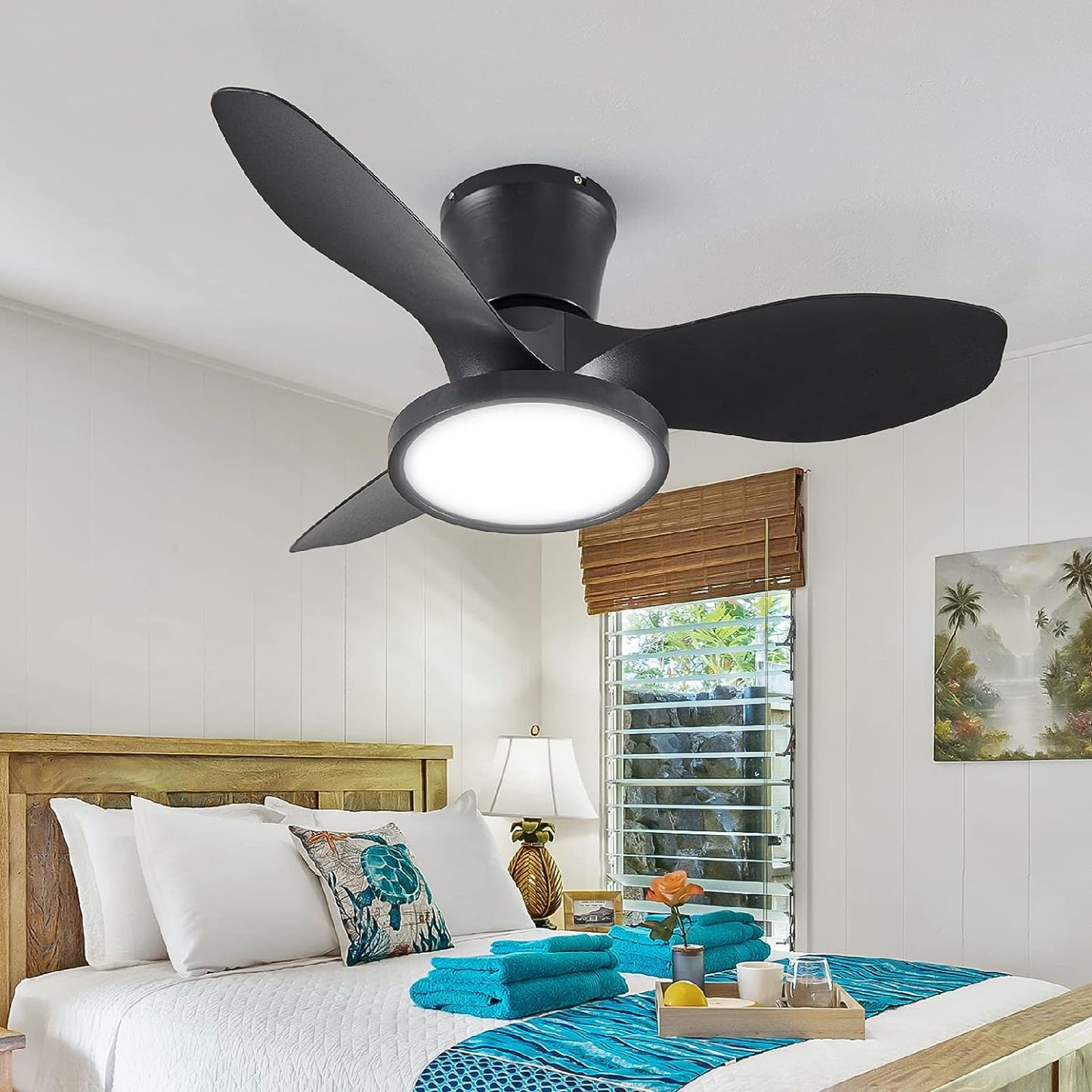  Quiet Ceiling Fan with LED Light DC Motor 32 inch Large Air Volume Remote Control Black