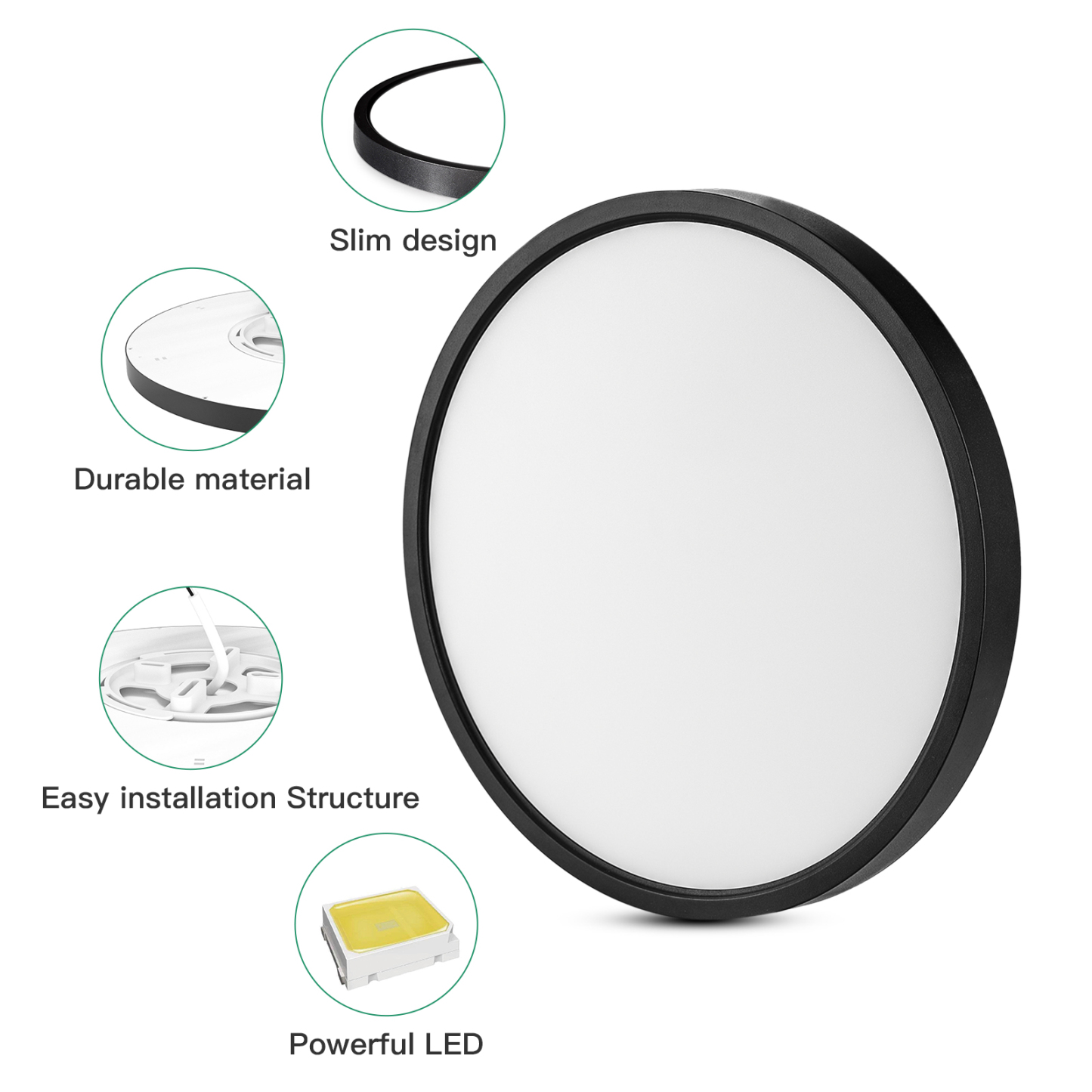 TALOYA A5 Series Flush Mount LED ceiling Light Fixture, 12 inch,24W,5000K, Black, Non-DIMMABLE