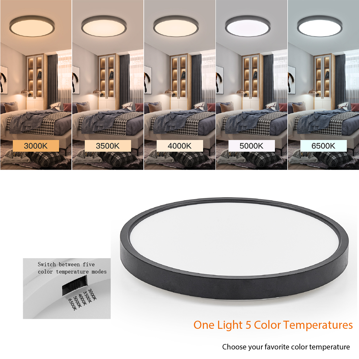 TALOYA C2 Series 5CCT in 1 Flush Mount LED ceiling Light Fixture,20/24W,3000K/3500K/4000K/5000K/6500K, Black/ White Color, Non-DIMMABLE