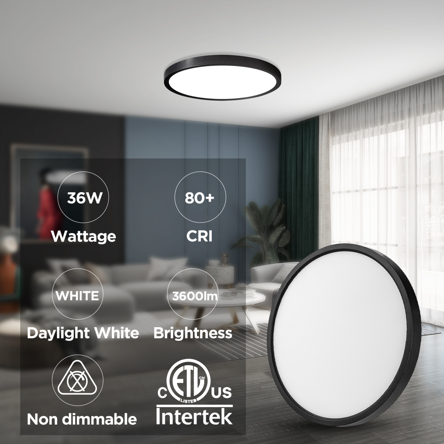 TALOYA A5 Series 15.8 inch Flush Mount LED ceiling Light Fixture,36W,5000K, Black, Non-DIMMABLE