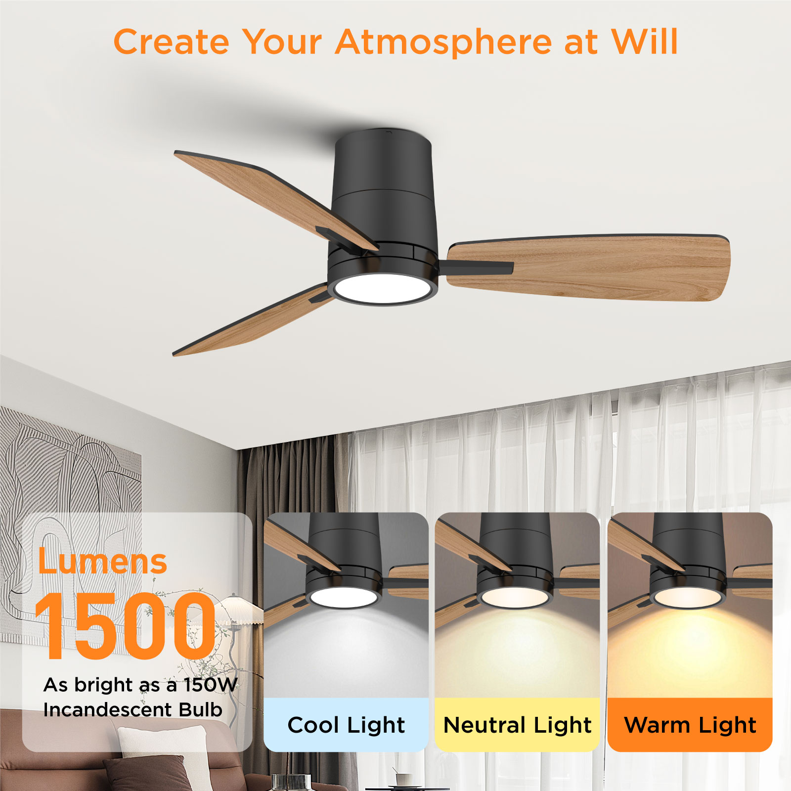 TALOYA Ceiling Fans with Lights and Remote Control 42 inch Low Profile White Ceiling Fan with Light Three Blade Flush Mount Ceiling Fan with Quiet Reversible DC Motor for Bedroom 