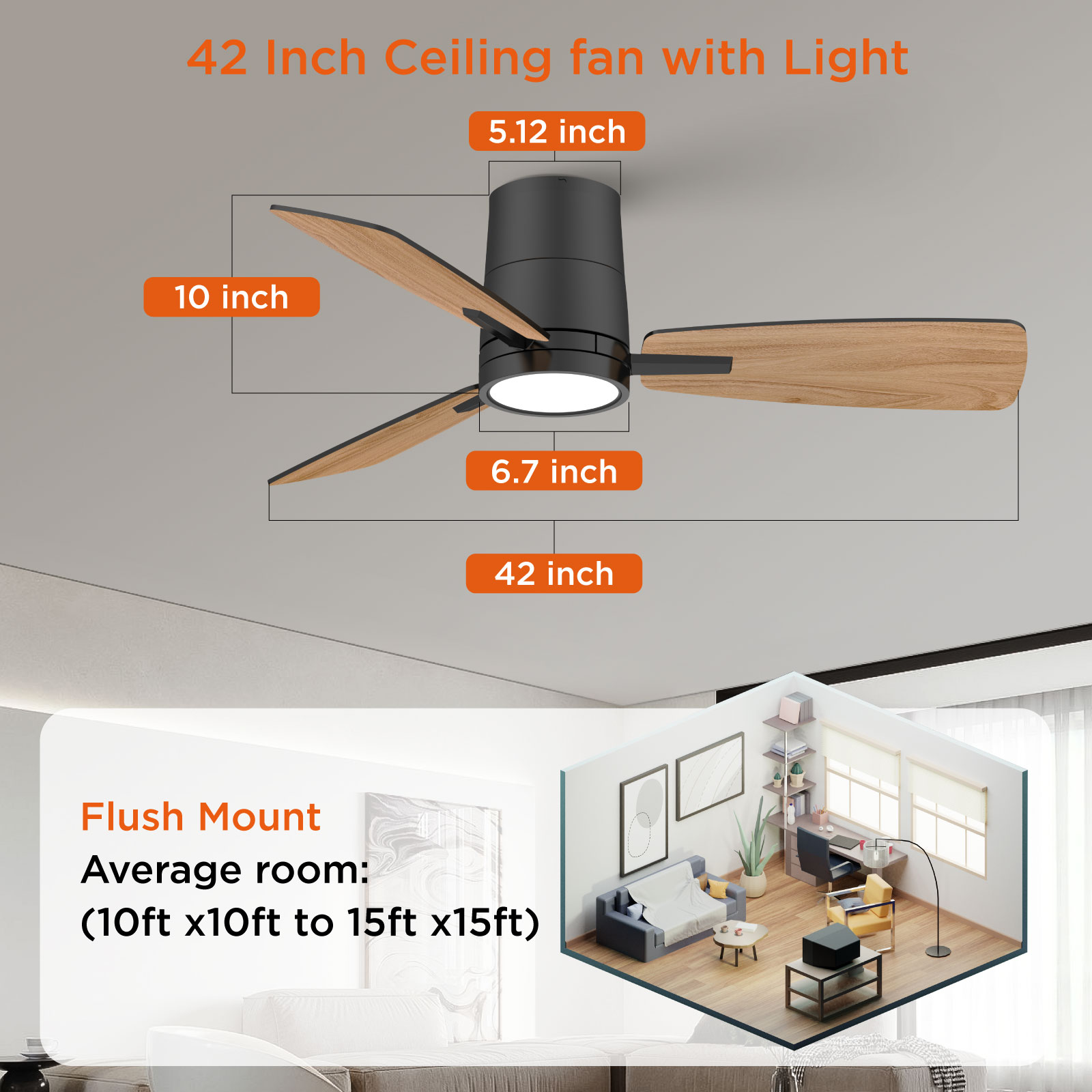 TALOYA Ceiling Fans with Lights and Remote Control 42 inch Low Profile White Ceiling Fan with Light Three Blade Flush Mount Ceiling Fan with Quiet Reversible DC Motor for Bedroom 