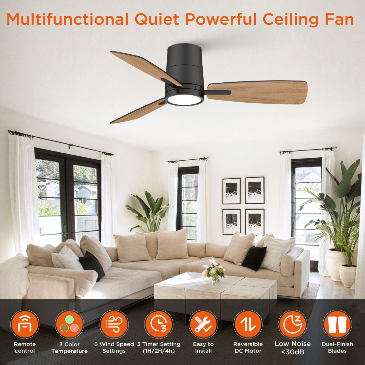 TALOYA Ceiling Fans with Lights and Remote Control 42 inch Low Profile White Ceiling Fan with Light Three Blade Flush Mount Ceiling Fan with Quiet Reversible DC Motor for Bedroom 
