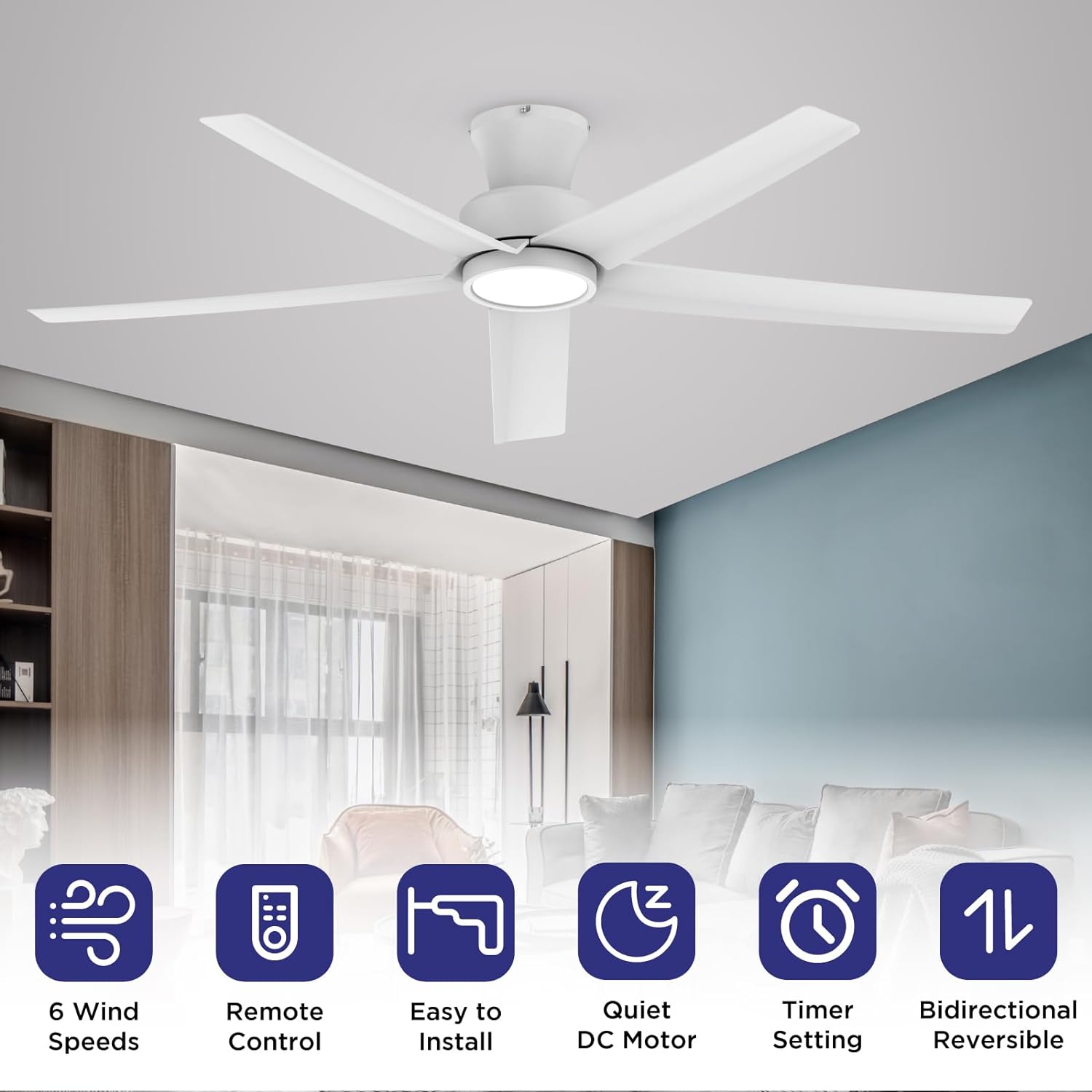 TALOYA 52 inch Ceiling Fans with Lights,Remote Control Multifunctional Quiet Fan with Three Color Temperature and Dimmable Light with Reversible Blades White