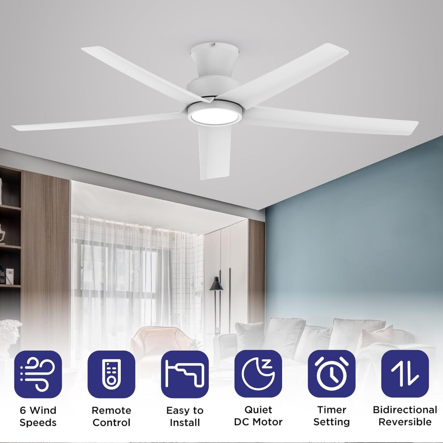 TALOYA 52 inch Ceiling Fans with Lights,Remote Control Multifunctional Quiet Fan with Three Color Temperature and Dimmable Light with Reversible Blades White