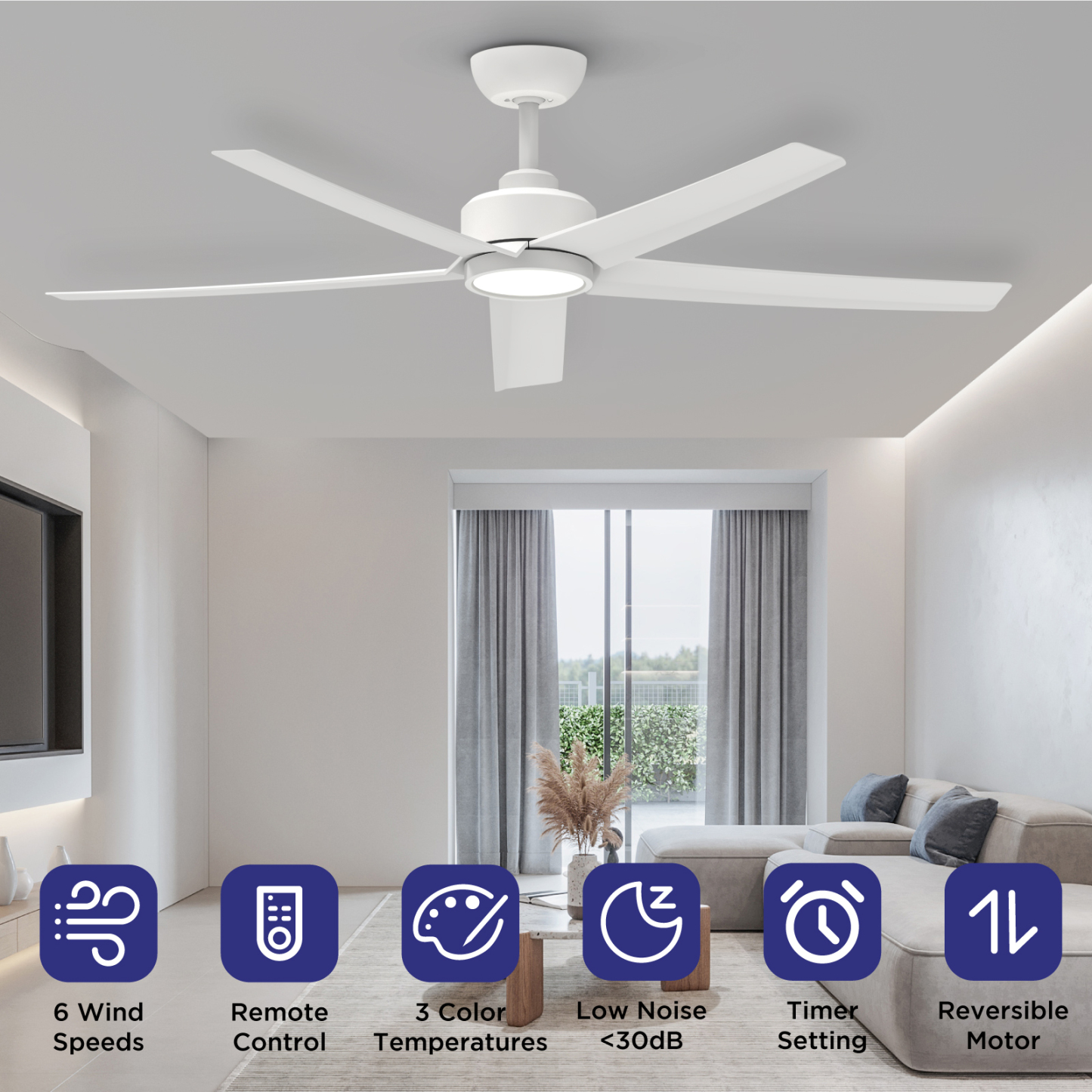 52 inch White Ceiling Fans with Lights and Remote, Reversible DC Motor, 6 Speeds,5 Blades, Modern Ceiling Fan for Living Room, Indoor/Covered Outdoor