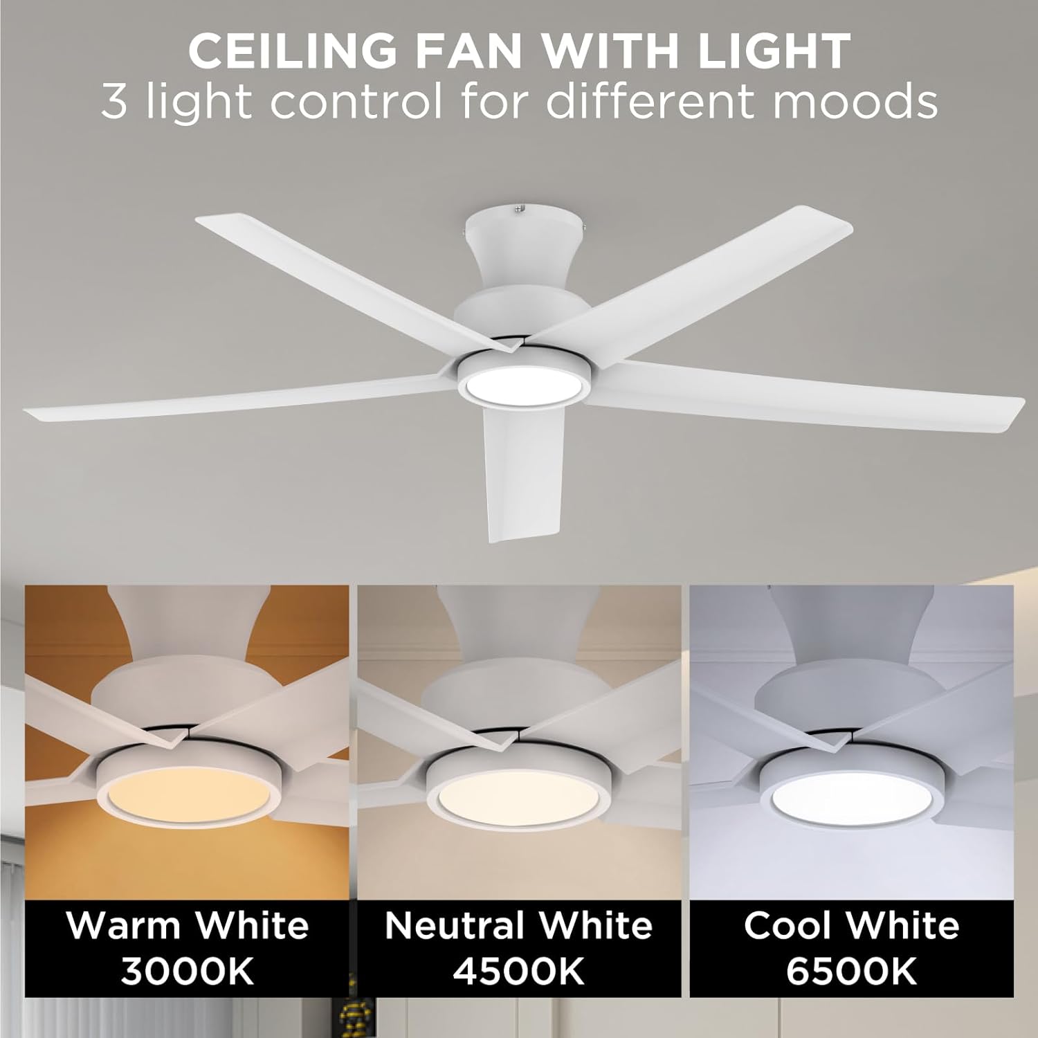 TALOYA 52 inch Ceiling Fans with Lights,Remote Control Multifunctional Quiet Fan with Three Color Temperature and Dimmable Light with Reversible Blades White