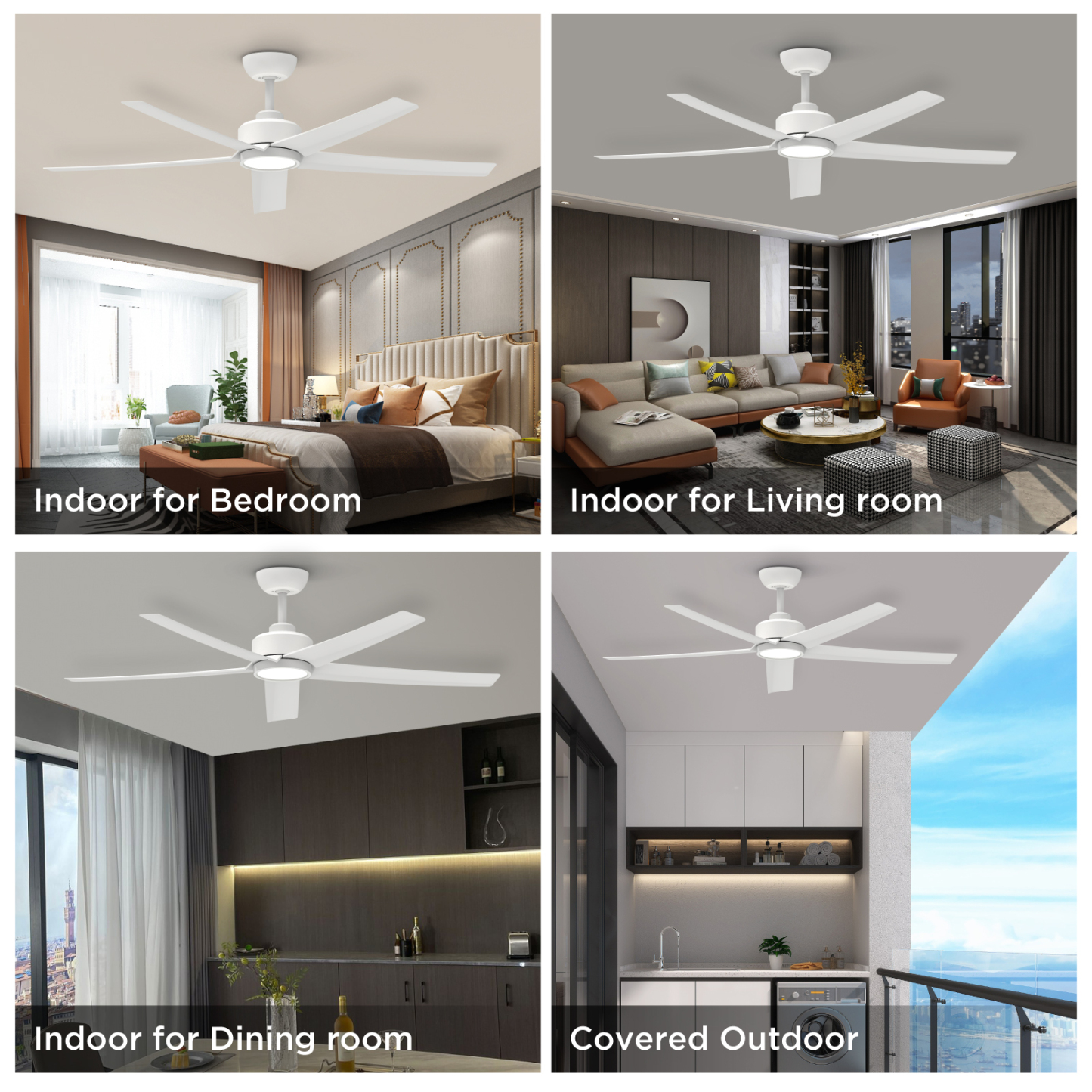 52 inch White Ceiling Fans with Lights and Remote, Reversible DC Motor, 6 Speeds,5 Blades, Modern Ceiling Fan for Living Room, Indoor/Covered Outdoor