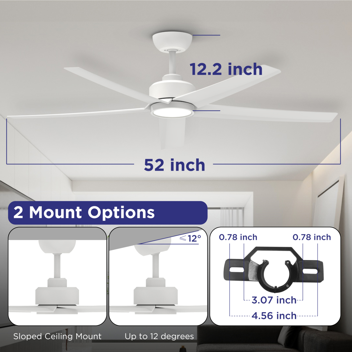 52 inch White Ceiling Fans with Lights and Remote, Reversible DC Motor, 6 Speeds,5 Blades, Modern Ceiling Fan for Living Room, Indoor/Covered Outdoor