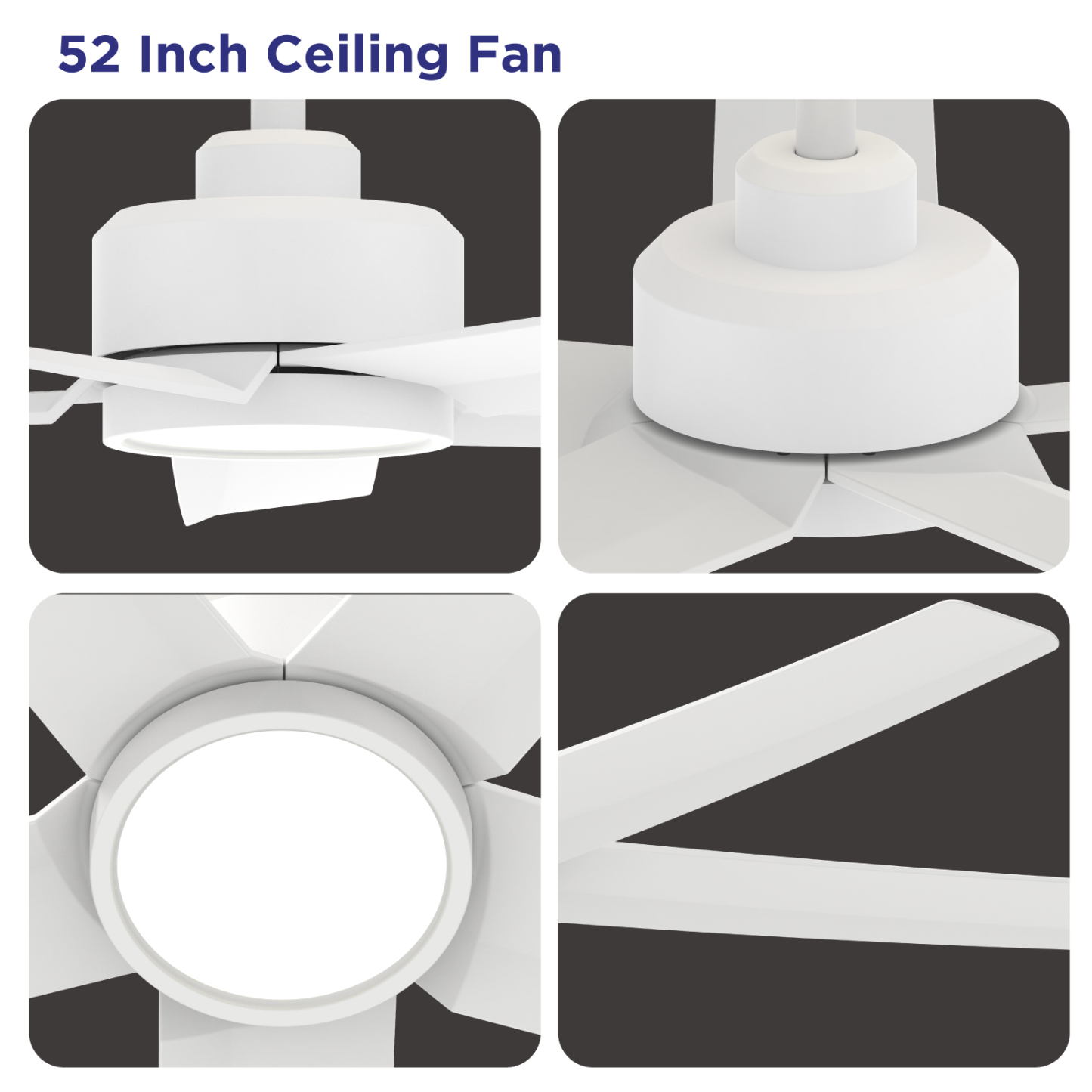 52 inch White Ceiling Fans with Lights and Remote, Reversible DC Motor, 6 Speeds,5 Blades, Modern Ceiling Fan for Living Room, Indoor/Covered Outdoor