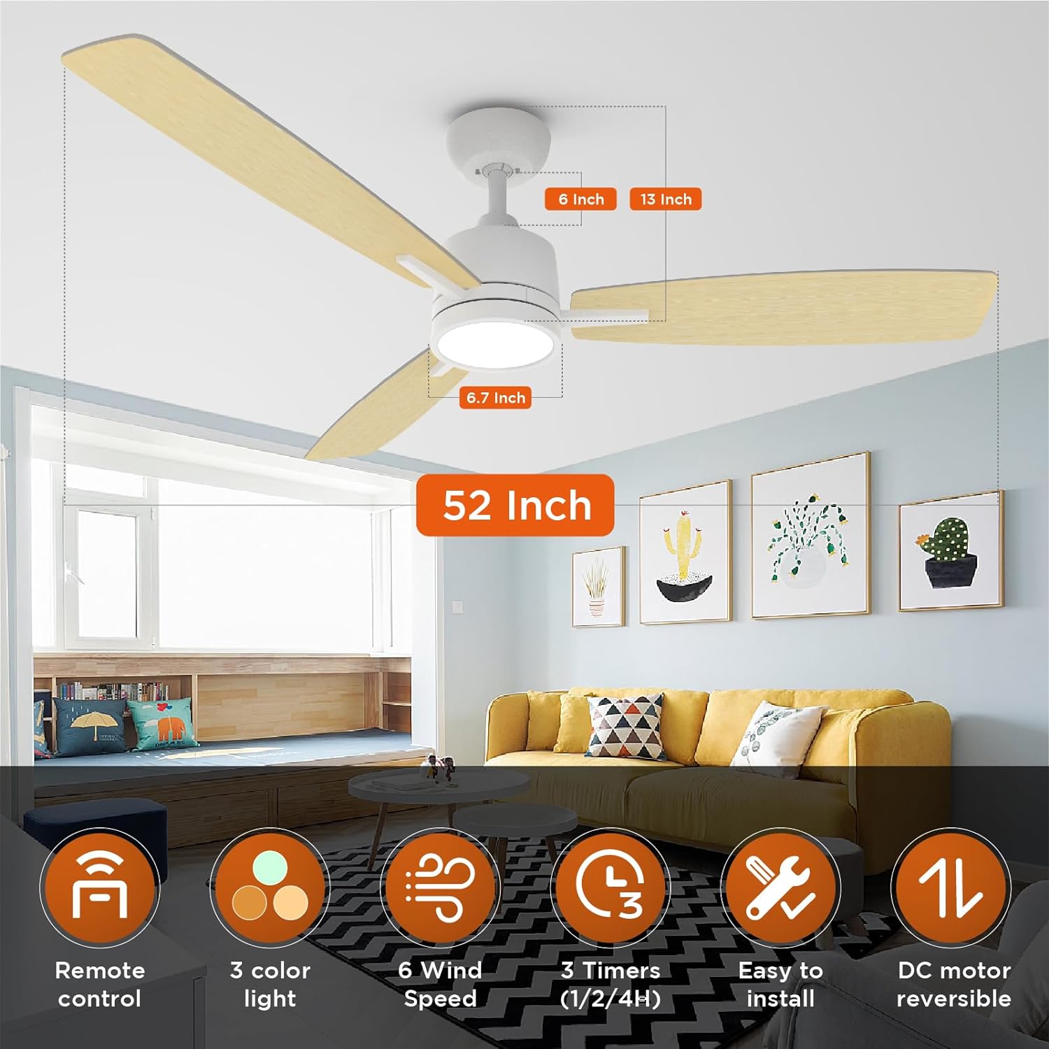 TALOYA 52 Inch White Ceiling Fans with Lights Led Remote Control Low Profile for Bedroom Farmhouse Patio Outdoor Living Room Kitchen Dining Room,DC Motor,Reversible,3 Color Temperatures