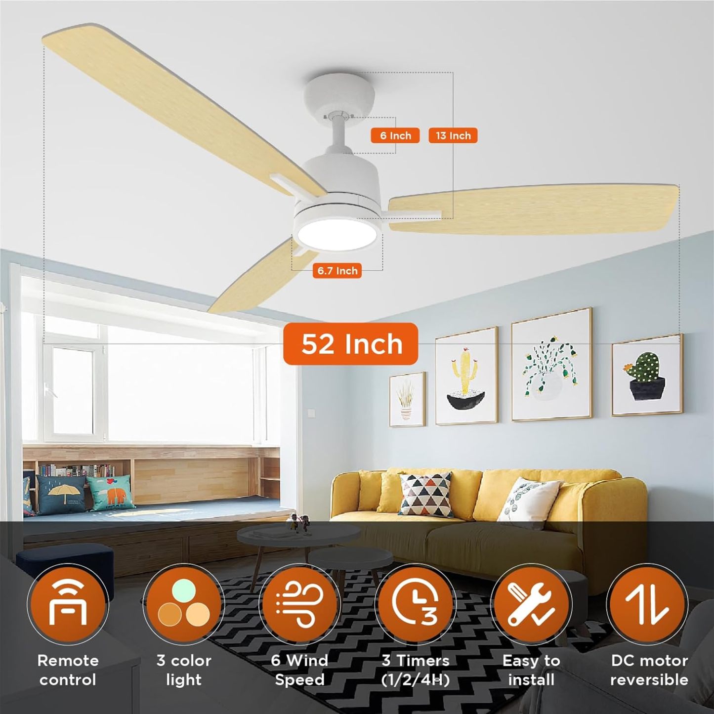 TALOYA 52 Inch White Ceiling Fans with Lights Led Remote Control Low Profile for Bedroom Farmhouse Patio Outdoor Living Room Kitchen Dining Room,DC Motor,Reversible,3 Color Temperatures