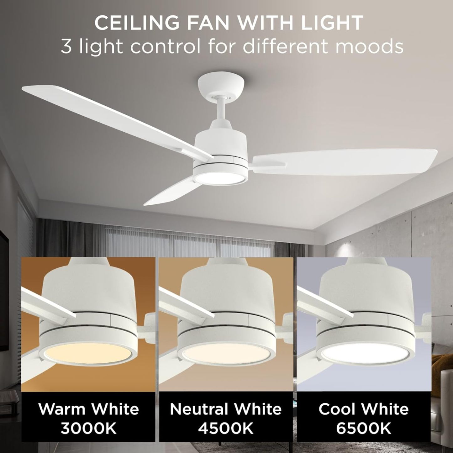 TALOYA 52 Inch White Ceiling Fans with Lights Led Remote Control Low Profile for Bedroom Farmhouse Patio Outdoor Living Room Kitchen Dining Room,DC Motor,Reversible,3 Color Temperatures
