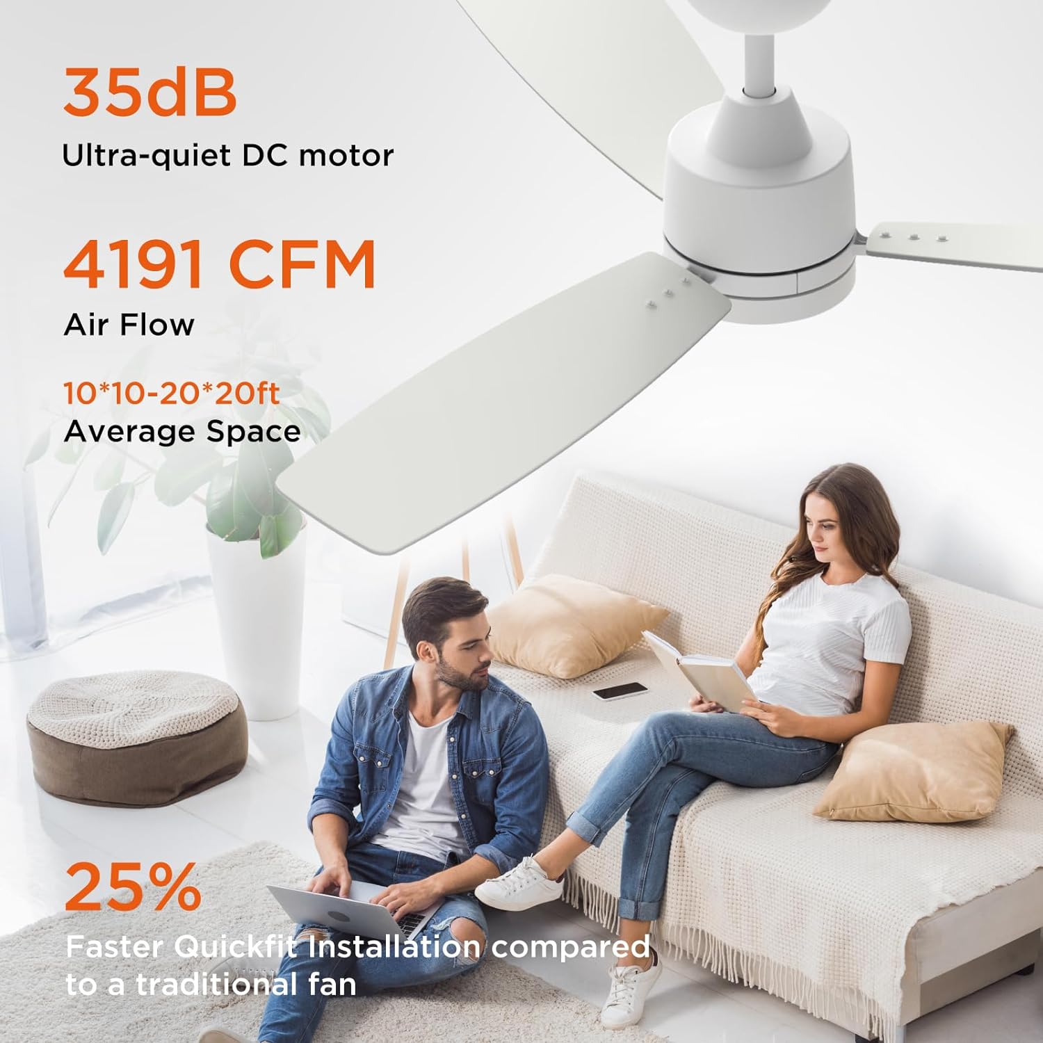 TALOYA 52 Inch White Ceiling Fans with Lights Led Remote Control Low Profile for Bedroom Farmhouse Patio Outdoor Living Room Kitchen Dining Room,DC Motor,Reversible,3 Color Temperatures