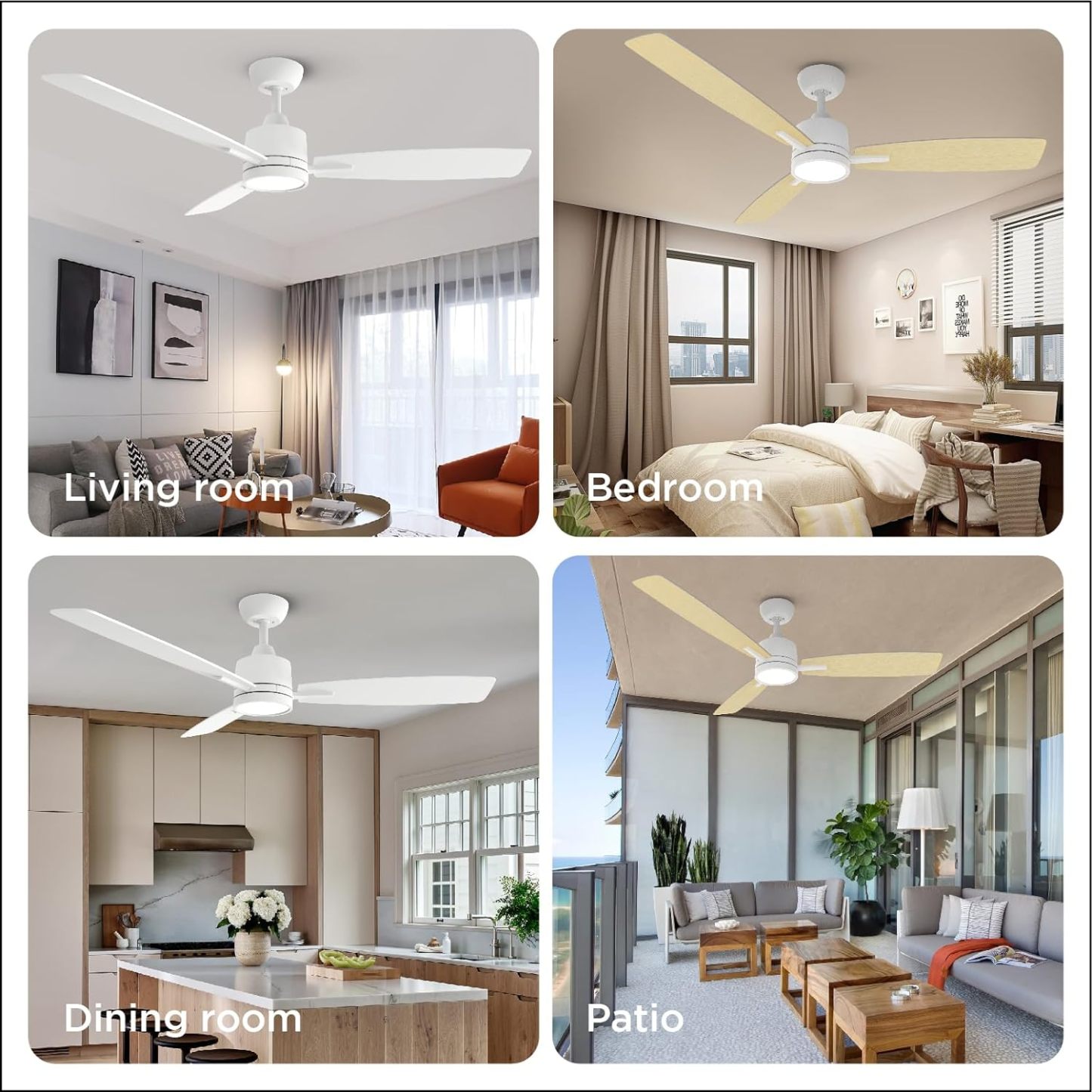 TALOYA 52 Inch White Ceiling Fans with Lights Led Remote Control Low Profile for Bedroom Farmhouse Patio Outdoor Living Room Kitchen Dining Room,DC Motor,Reversible,3 Color Temperatures