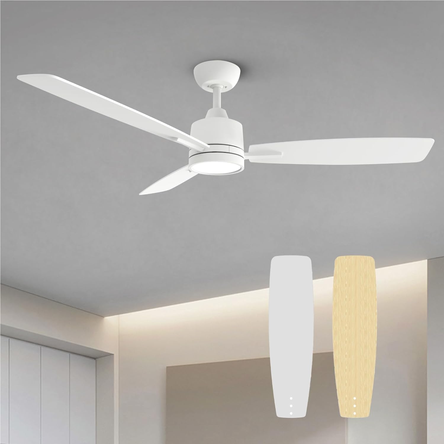 TALOYA 52 Inch White Ceiling Fans with Lights Led Remote Control Low Profile for Bedroom Farmhouse Patio Outdoor Living Room Kitchen Dining Room,DC Motor,Reversible,3 Color Temperatures