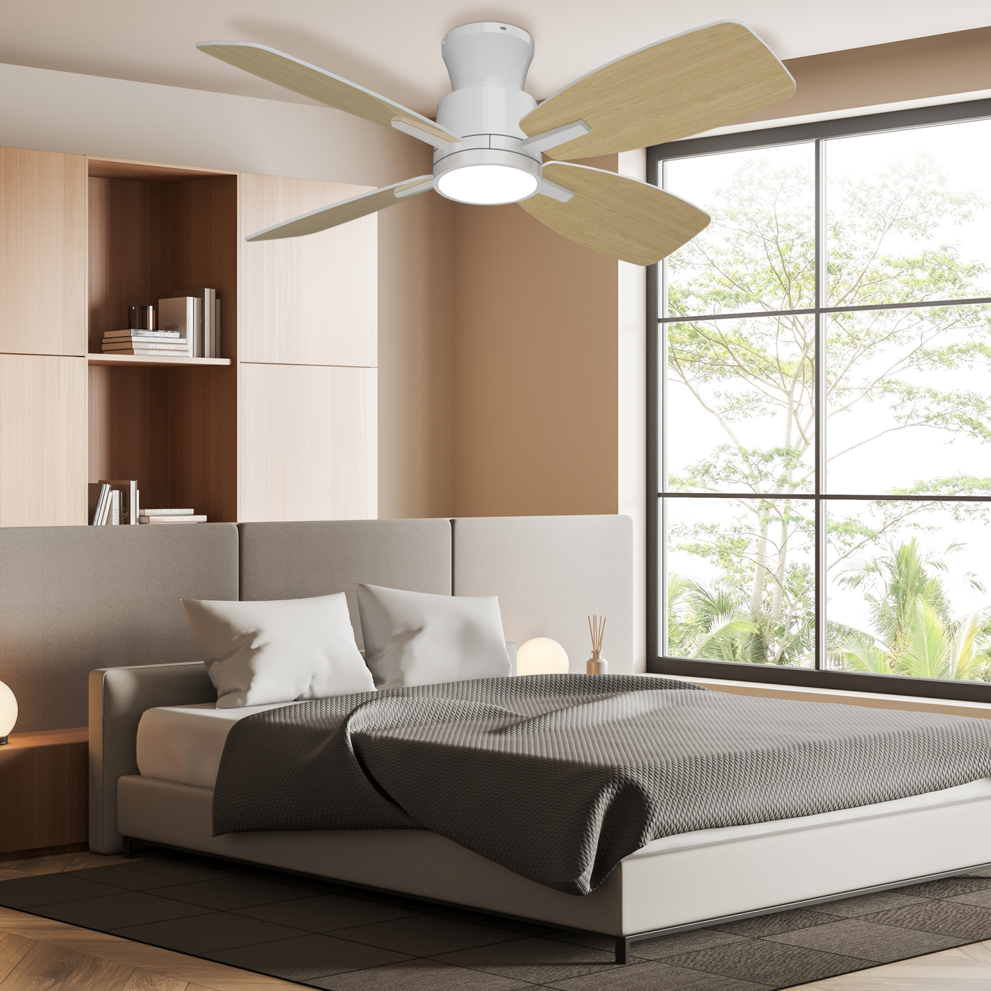 Ceiling Fans with Lights,42 inch Flush Mount Ceiling Fan with Night Light,Quiet Reversible DC Motor Dimmable Lighting Modern Low Profile Ceiling Fan with Light White