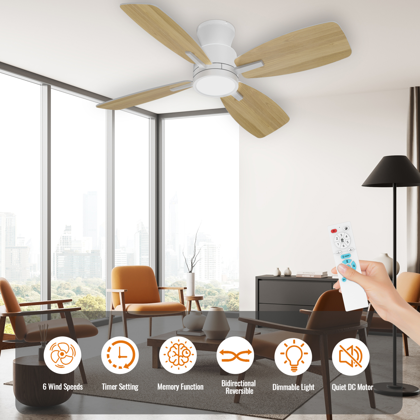 Ceiling Fans with Lights,42 inch Flush Mount Ceiling Fan with Night Light,Quiet Reversible DC Motor Dimmable Lighting Modern Low Profile Ceiling Fan with Light White