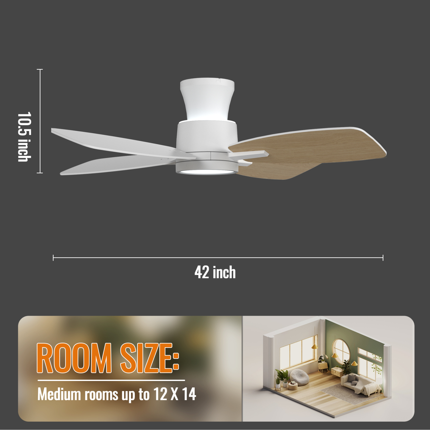 Ceiling Fans with Lights,42 inch Flush Mount Ceiling Fan with Night Light,Quiet Reversible DC Motor Dimmable Lighting Modern Low Profile Ceiling Fan with Light White