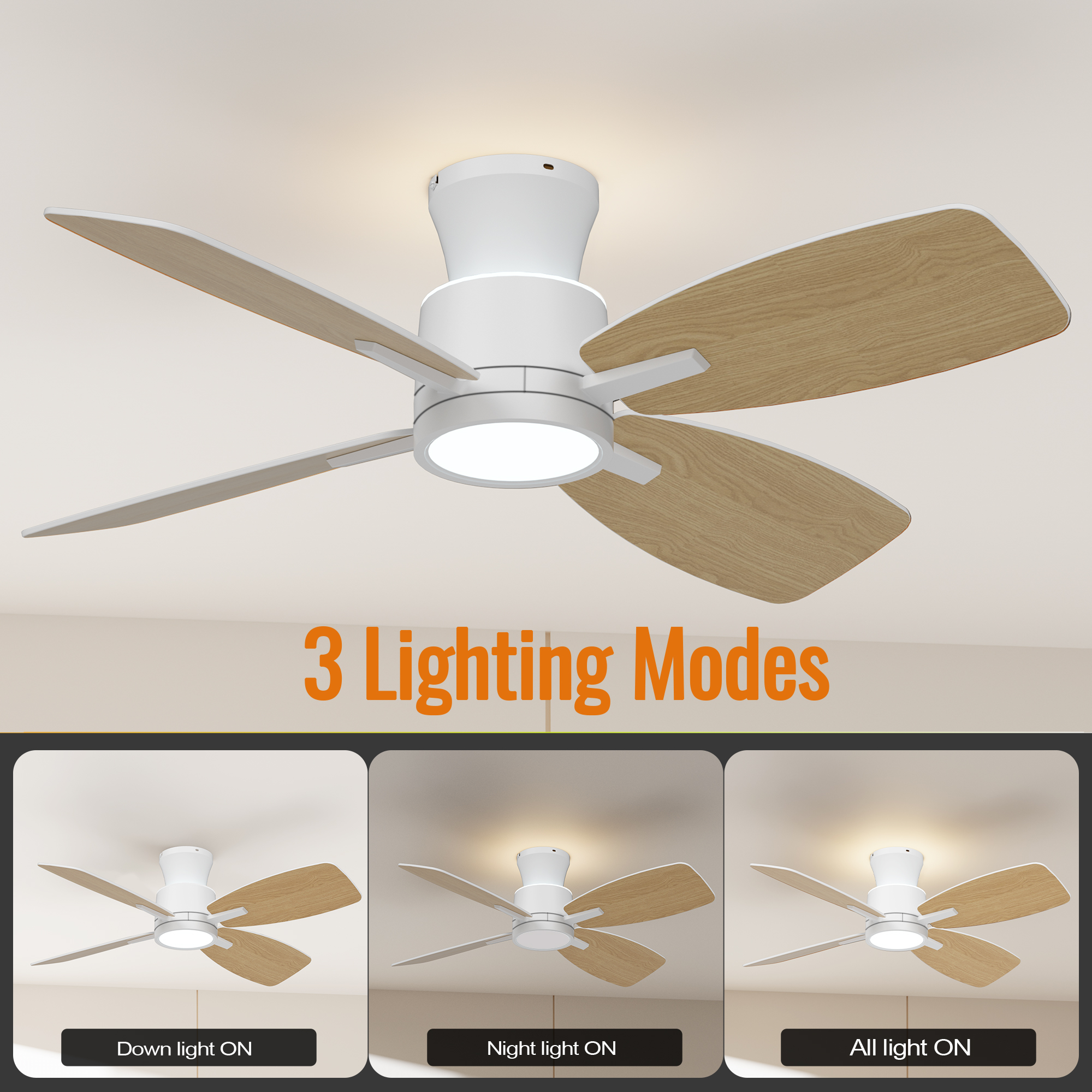 Ceiling Fans with Lights,42 inch Flush Mount Ceiling Fan with Night Light,Quiet Reversible DC Motor Dimmable Lighting Modern Low Profile Ceiling Fan with Light White
